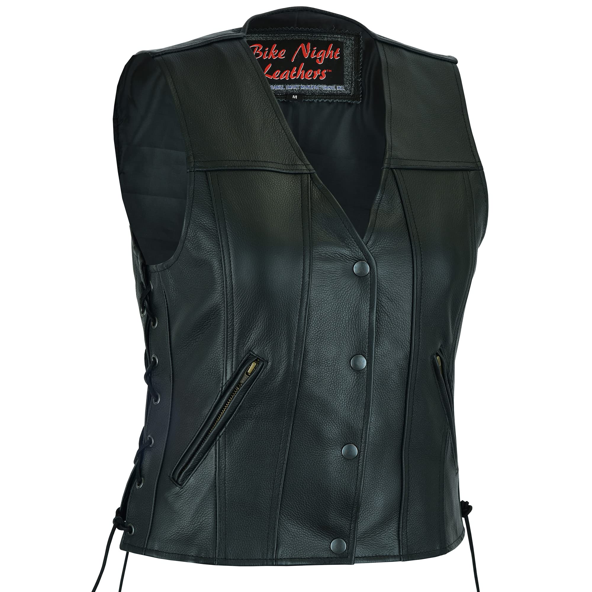 Daniel Smart Women’s Motorcycle Vest – Open Neck Leather Biker Vest with Stylish Side Lacing and Storage Pockets