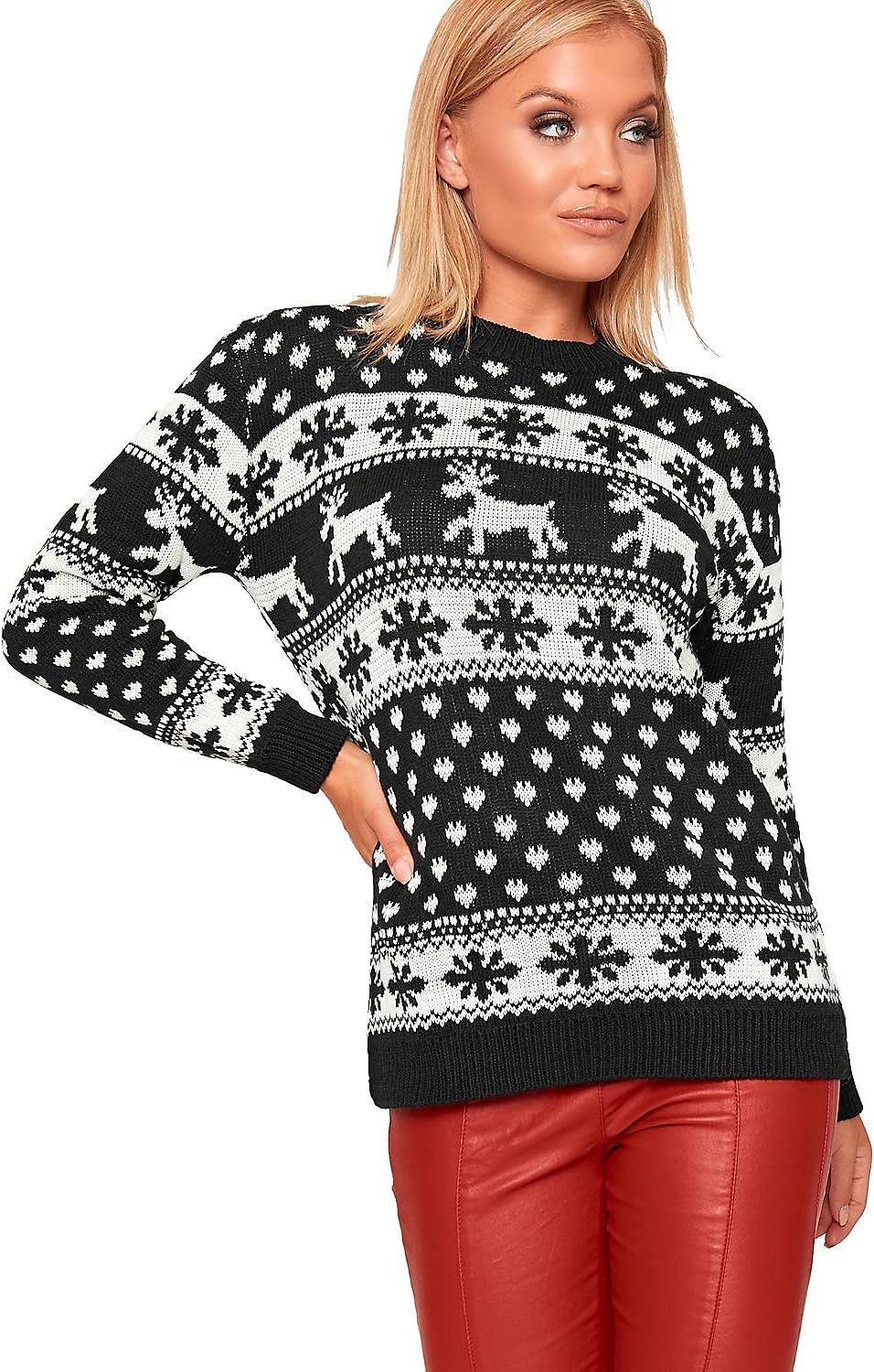 Wearall Women's Snowflake Black Knitted Merry Christmas Long Sleeve Xmas Tree Pom Jumper 12-14