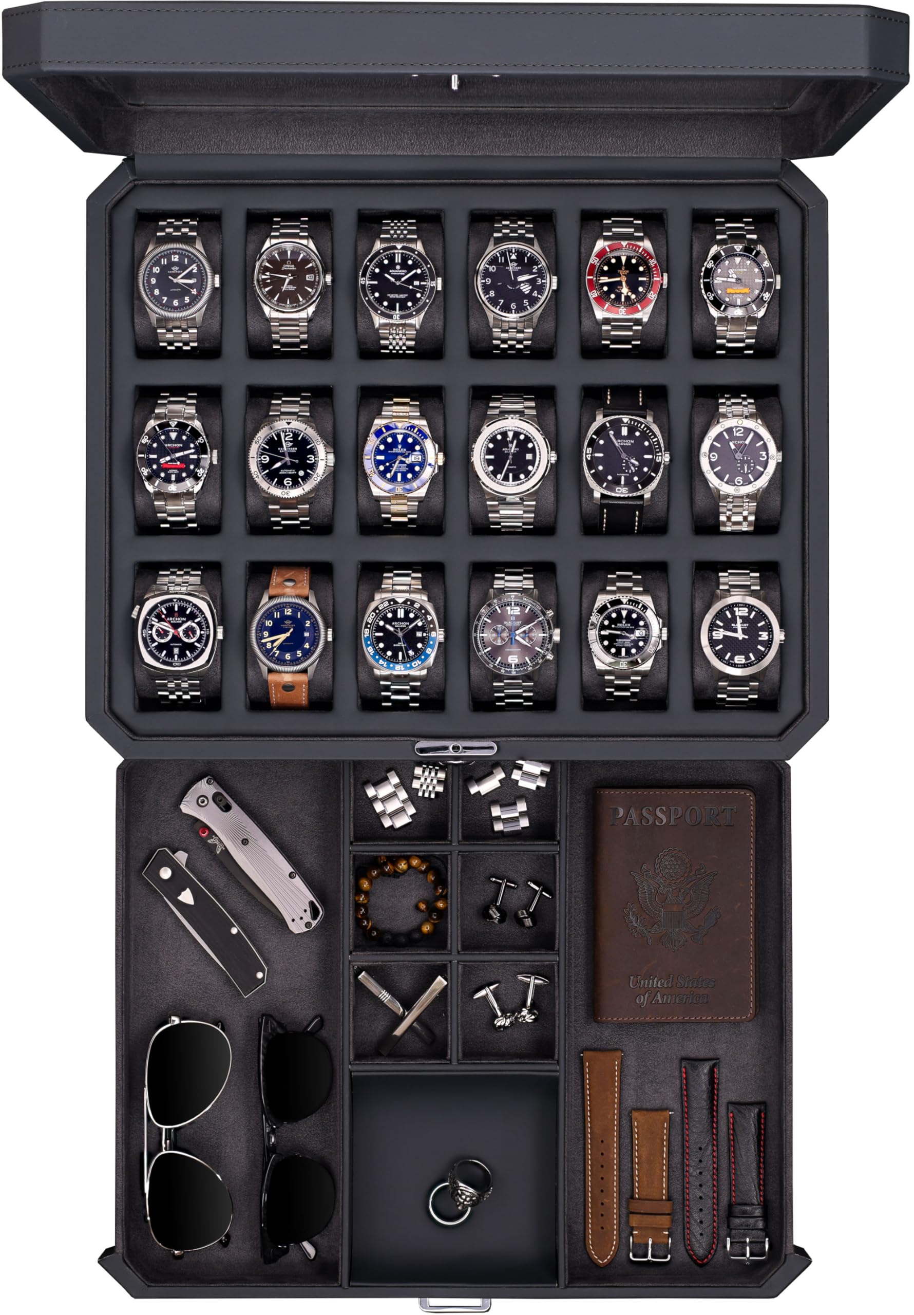 ROTHWELL 18-Slot Watch Case with Drawer – Luxury Watch Box for Men, Real Glass Top, Lockable, Display Case for Collections (Carbon)