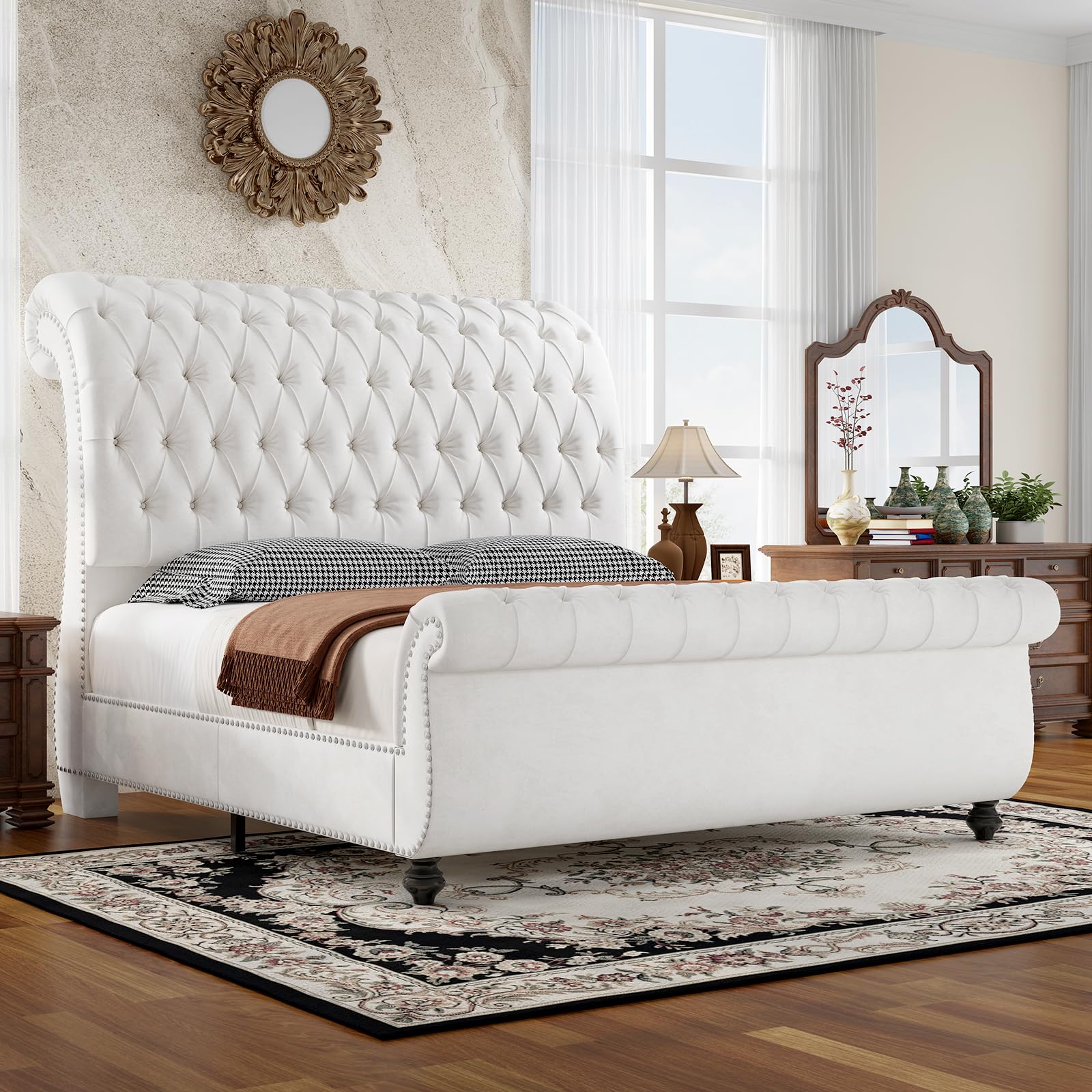 Jocisland King Size Sleigh Bed Frame, Velvet Upholstered Platform Bed with Scroll Headboard & Footboard, Button Tufted, No Box Spring Needed, White