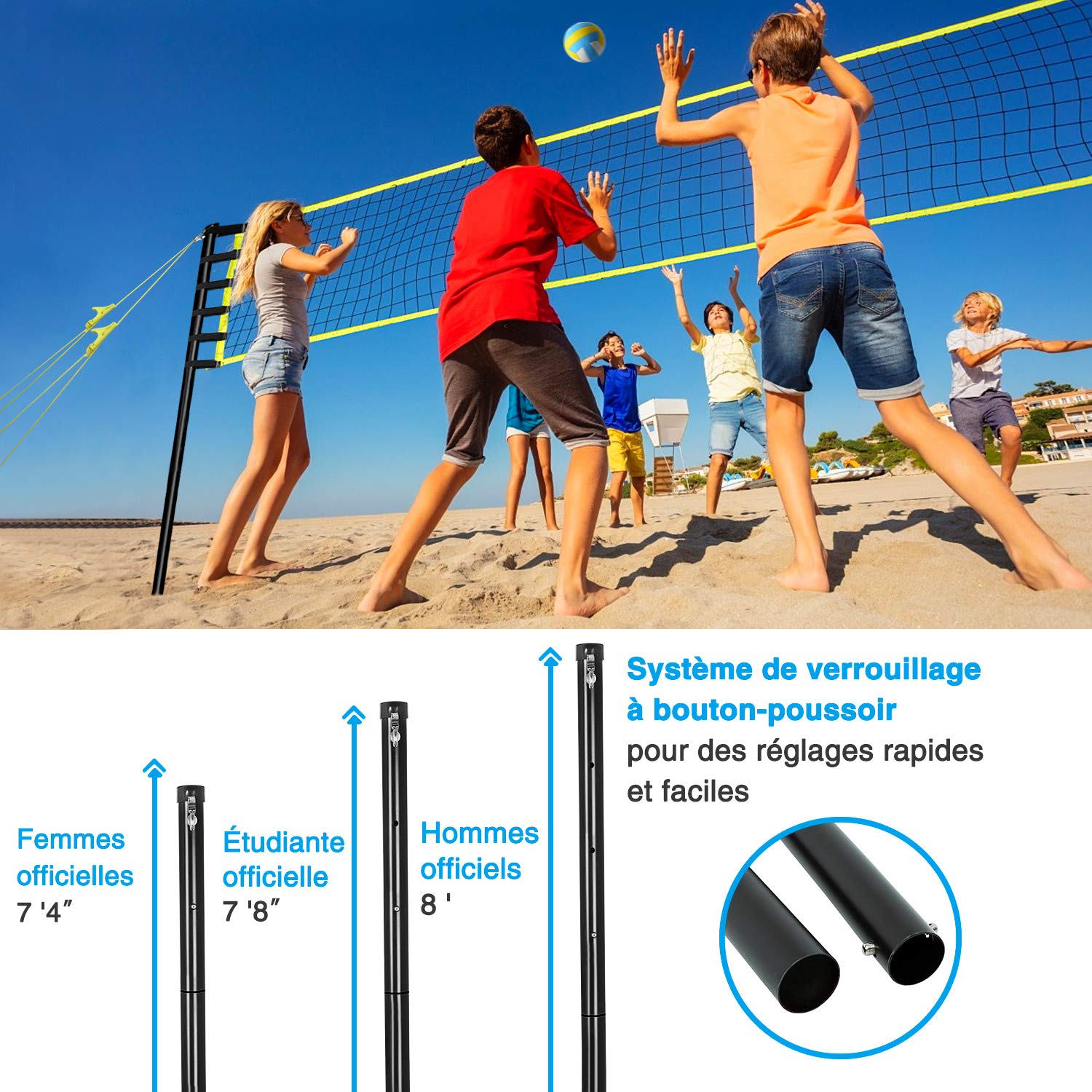 Vanku Filet de Badminton Volley-Ball Tennis Extérieurs Portable Réglable en Hauteur 9.75M x 0.9M
