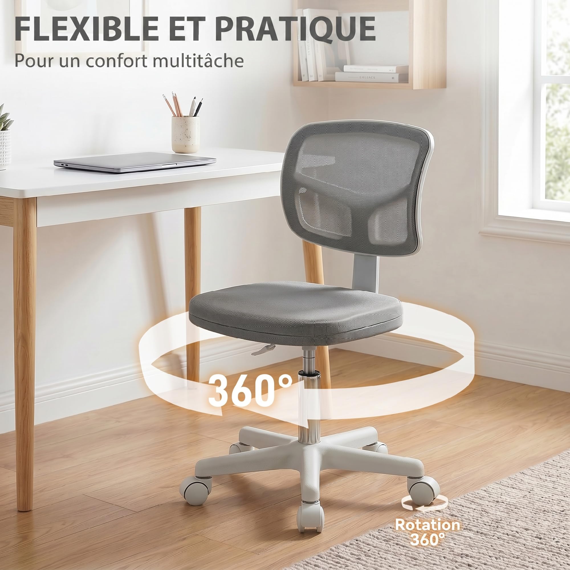 Vinsetto Ergonomischer Bürostuhl ohne Armlehnen, drehbar, Grau | Bürostuhl, gebogene Rückenlehne aus Netz, Rollen, höhenverstellbar, für Schminktisch, Schlafzimmer