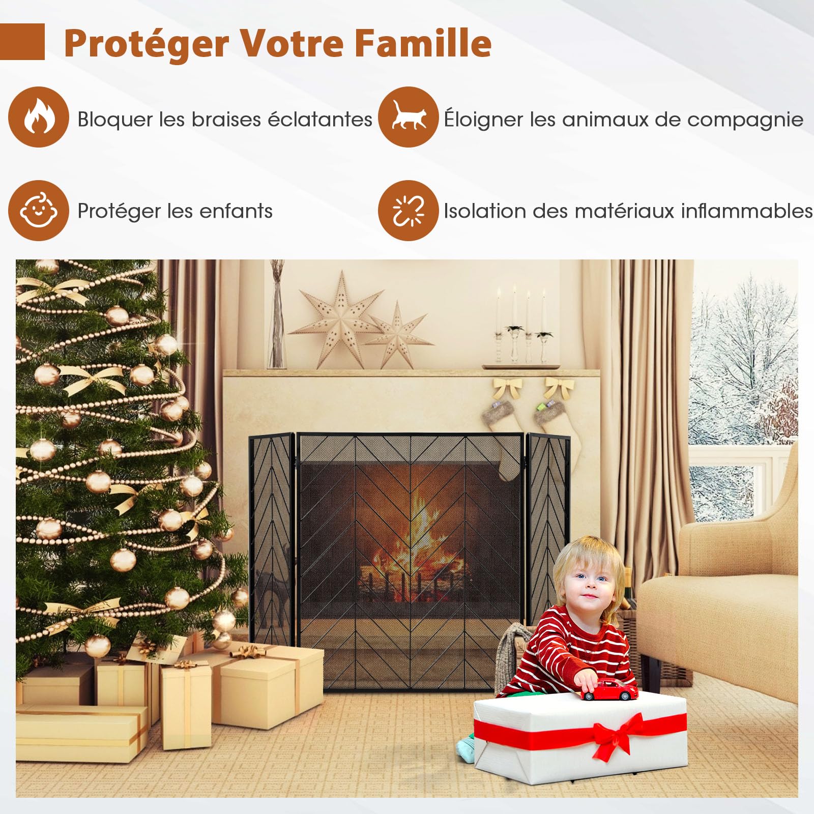 COSTWAY Ecran de Cheminée Pliable à 3 Panneaux de 78 x 133 cm, Pare-Étincelles en Maille de Fer, Clôture de Cheminée avec Charnière Flexible, Grille de Protection pour Salon, Chambre (Noir)