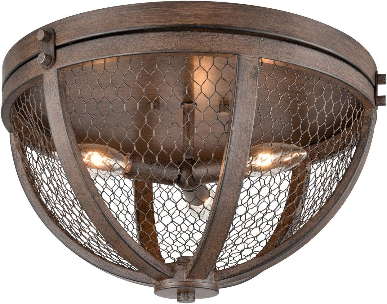 Lighting Vintage Wood Grain Metal Cage 3 Light Flush Mount Ceiling Light