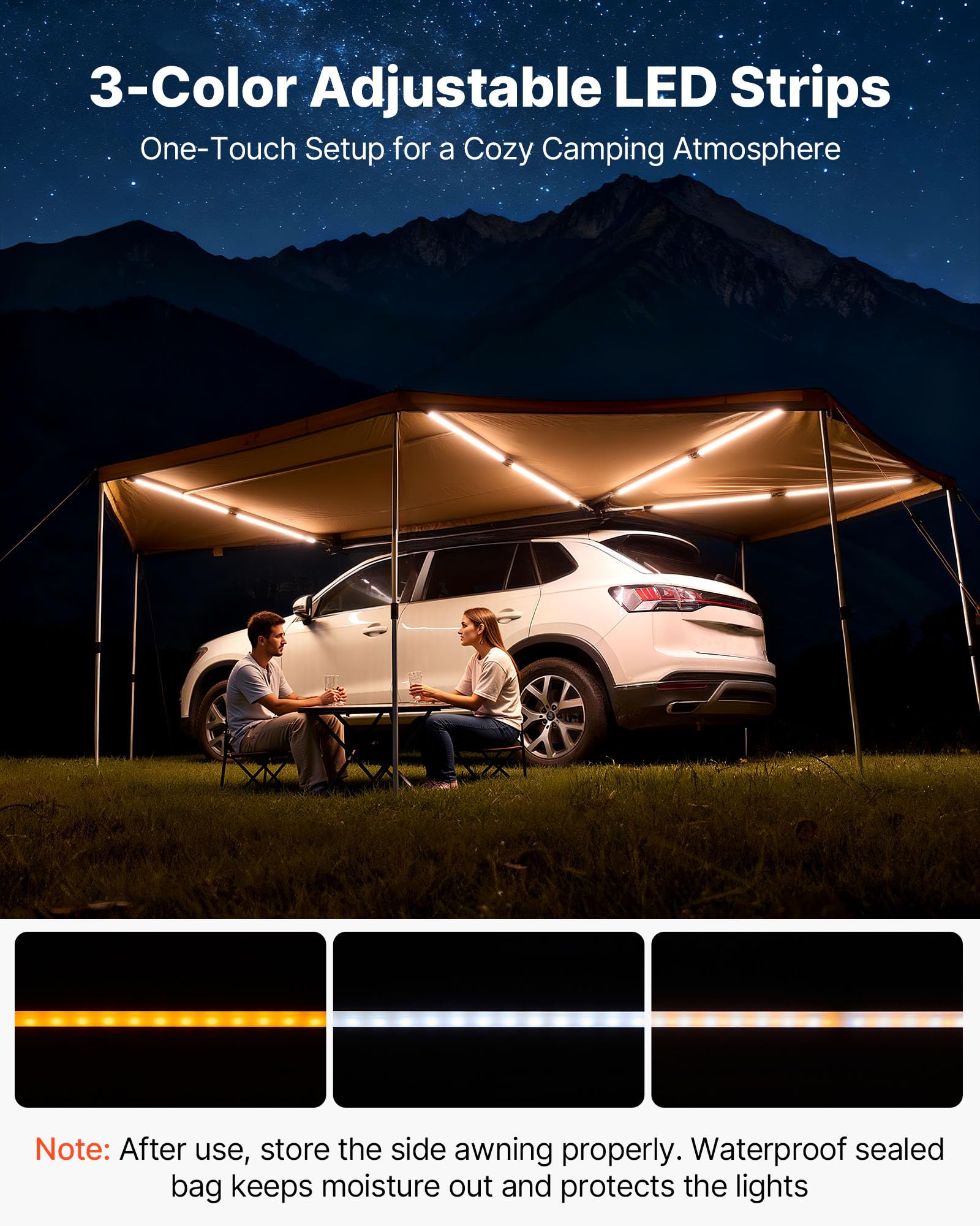 VEVOR Auvent 270 Degrés 6,09x2,10 m Auvent Voiture Latéral Rétractable Abri Autoportant Toutes Saisons pour Véhicule SUV Fourgonnettes Camionnettes Camping, Éclairage LED Intégré Imperméable UV50+