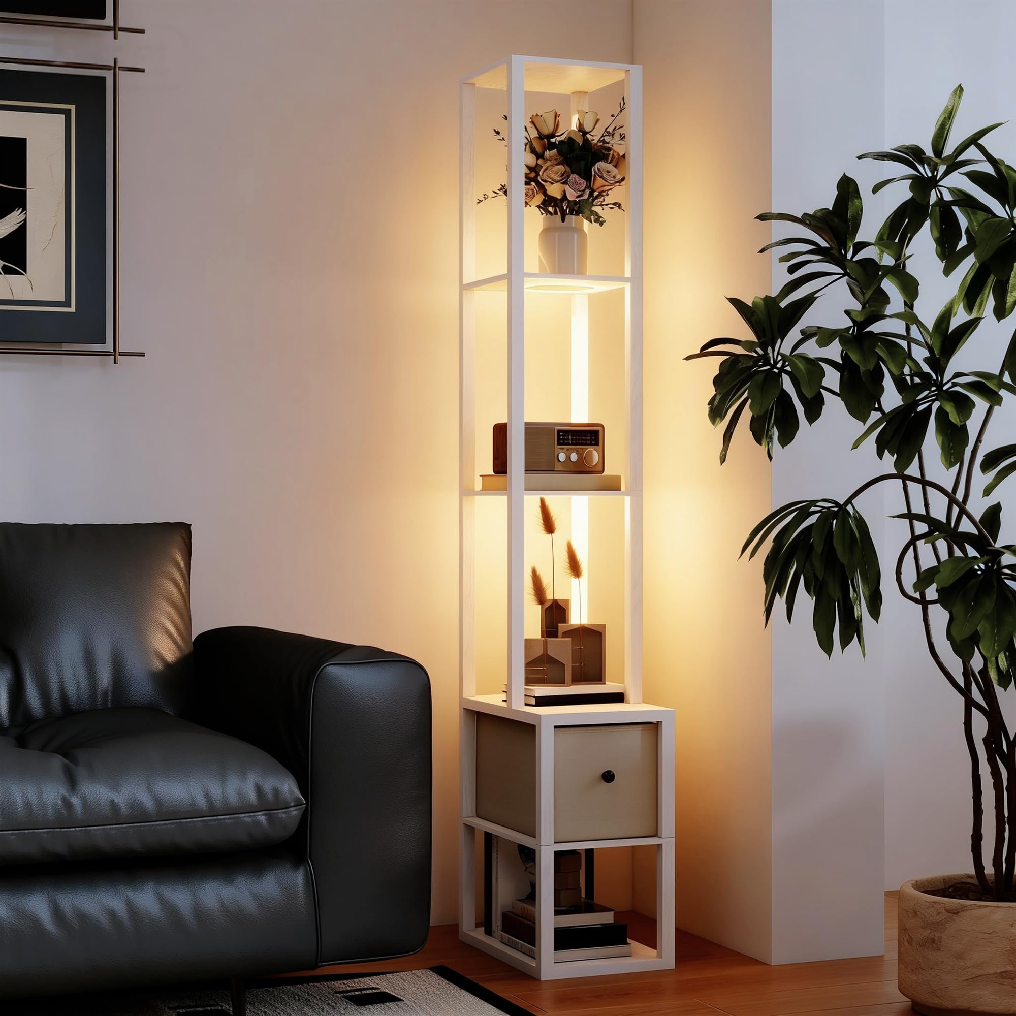 HOMCOM Lámpara de Pie Moderna 169 cm con Estantes Abiertos Lámpara de Pie para Salón con Interruptor de Pie y Cajón de Tela para Dormitorio Oficina Sala de Estar Blanco