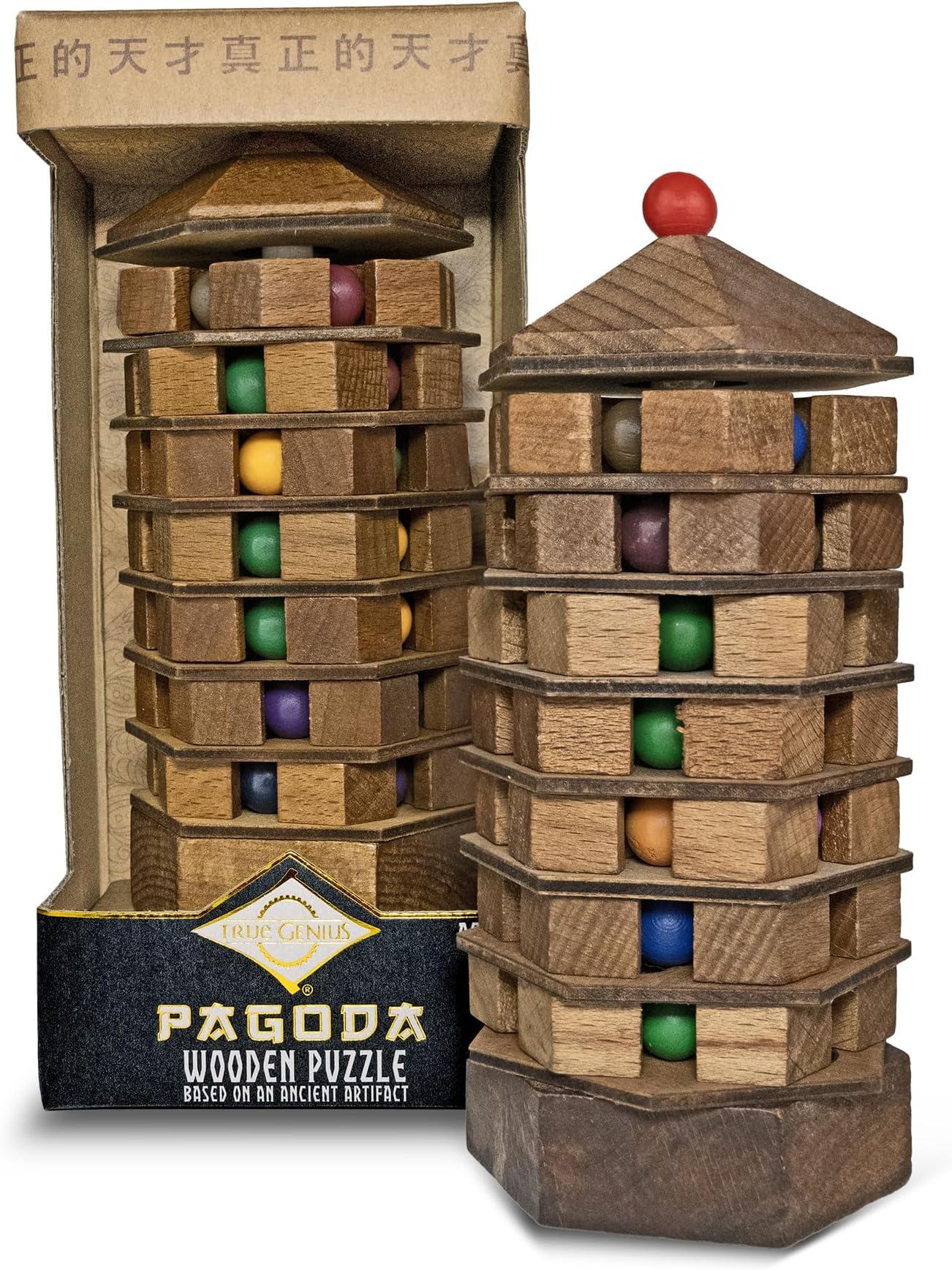Project Genius Chinese Pagoda Brain Teaser – Solid Wood Logic Puzzle with Colour Ball Sorting – Challenging Brain Game for Adults & Teens – Educational Puzzle Gift Inspired by Ancient China