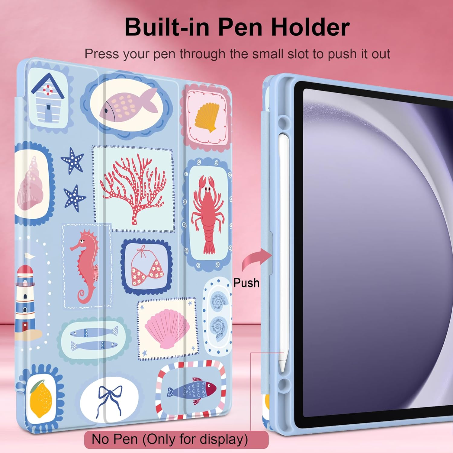 MEEgoodo Case for Samsung Galaxy Tab A9 Plus 11 inch Cover 2024 2023 with S Pen Holder, Tablet Case with Transparent Acrylic Back Shell + Trifold Stand + Auto Wake/Sleep, Marine Stamps Pattern