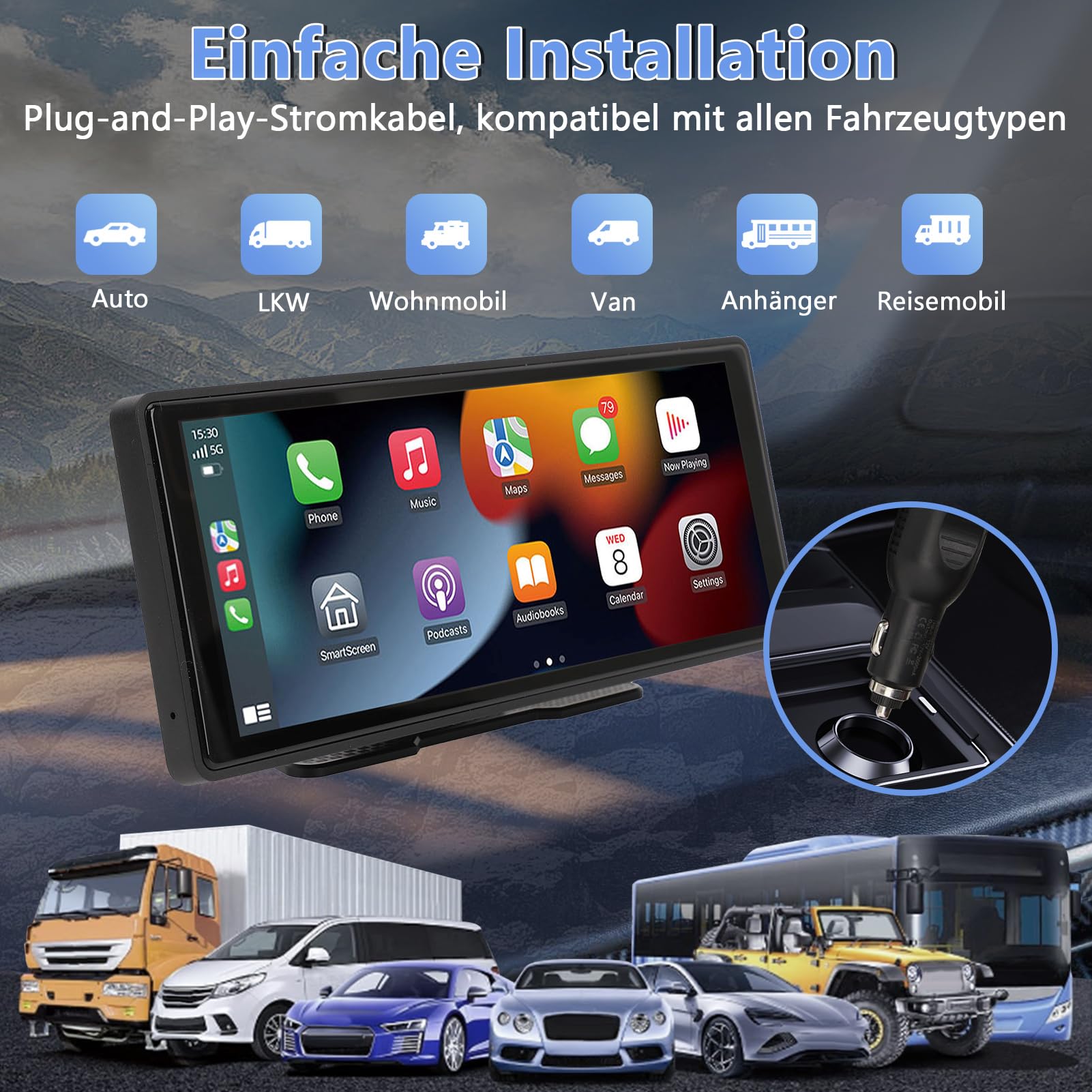 10,26 Zoll IPS Touchscreen Wireless CarPlay & Android Auto, 1080P HD Tragbares Autoradio mit WLAN, Bluetooth, Sprachsteuerung, AUX/FM Übertragung, Navigationssystem für Auto, LKW, Wohnmobil