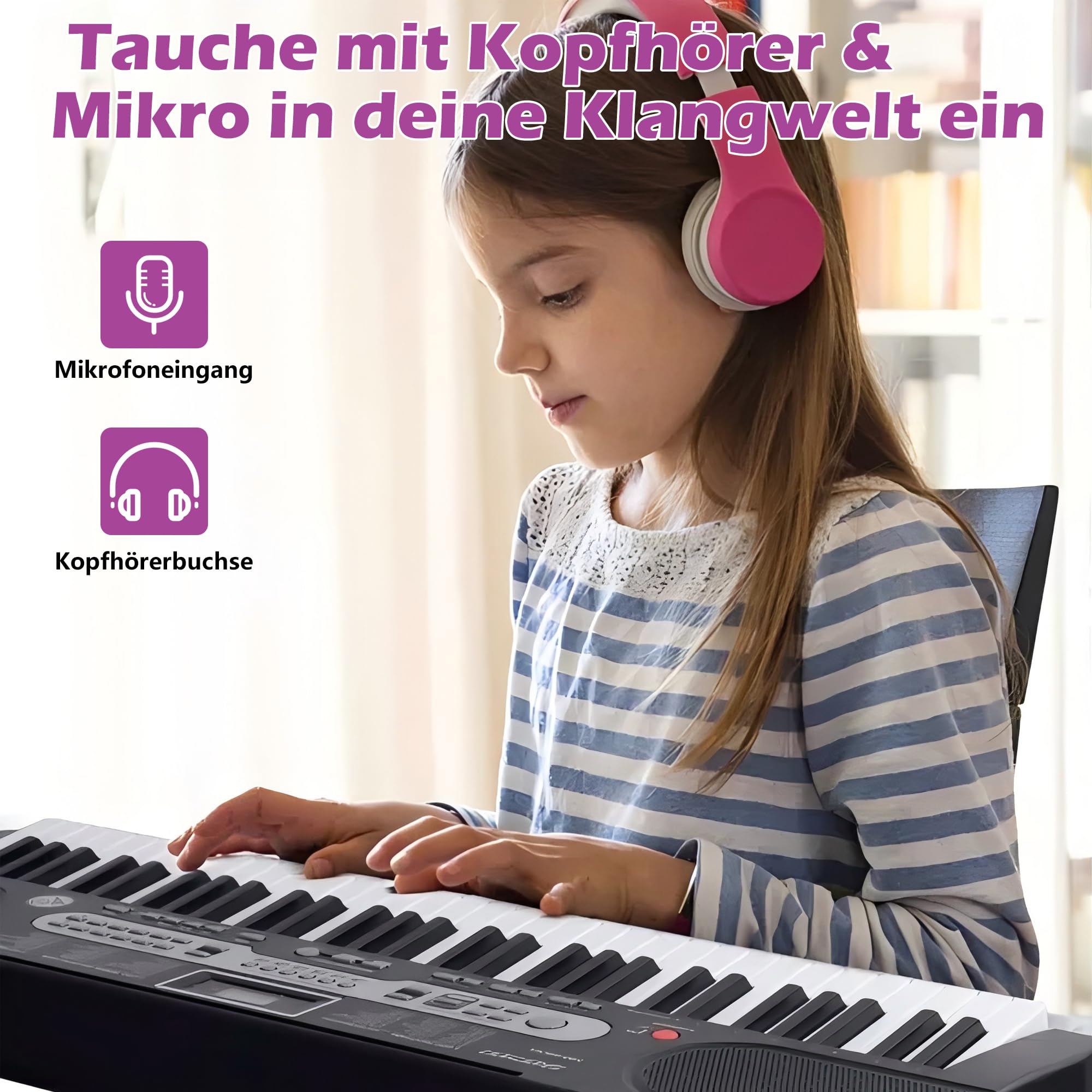 61 Tasten Keyboard Piano für Kinder & Anfänger, Klavier Set mit Mikrofon & Notenablage, Lern-Keyboard Geschenk ab 7 Jahre, Digital Piano Klavierunterricht Lern-Keyboard Geschenk, Schwarz
