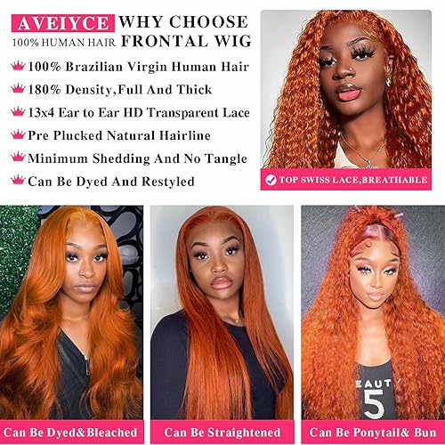 Miniatura 3 de Aveiyce Pelucas de cabello humano ondulado profundo con encaje frontal transparente HD de 13 x 4 pulgadas, color naranja jengibre, para mujeres