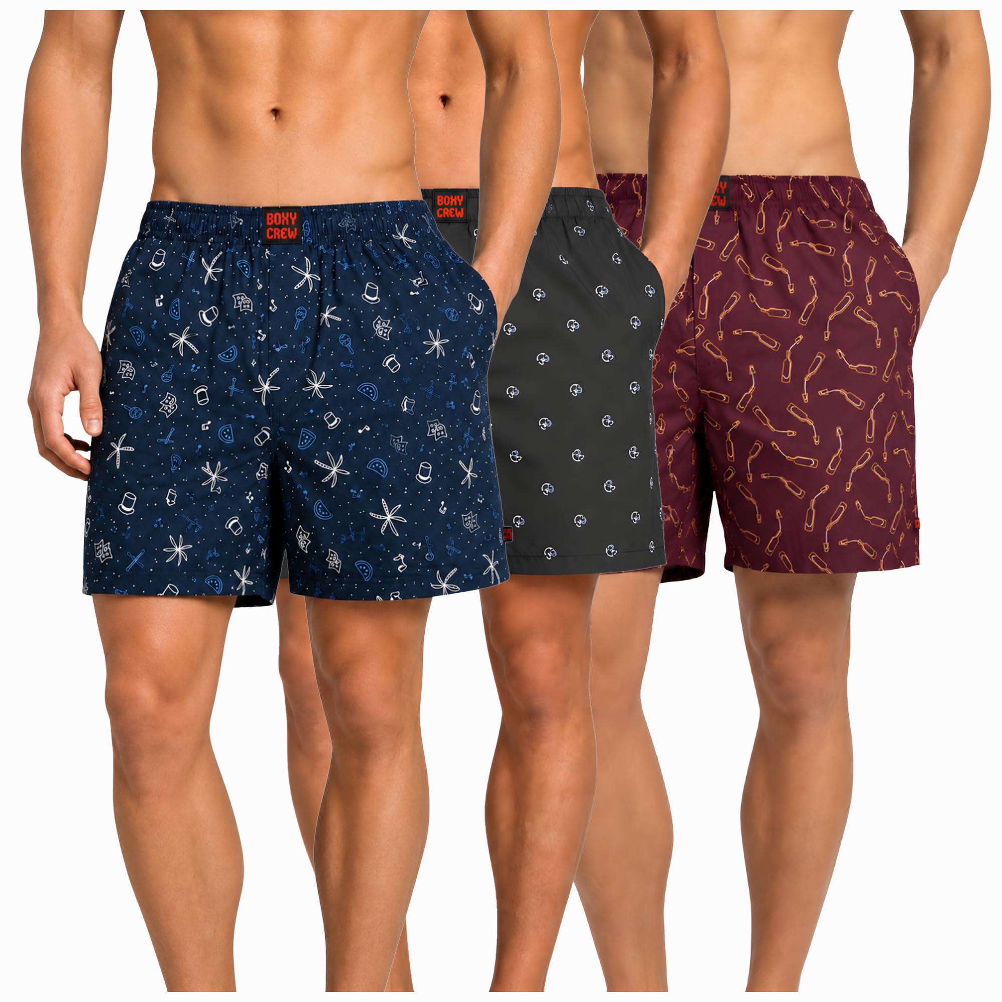 Men's 100% Cotton Boxer Shorts Pack of 3, Navy Blue, Navy Blue & Maroon | Woven Boxers with Side Pockets, No-Marks Elastic Waistband, Breathable Relaxed Fit | Style 007-009-014-image-48