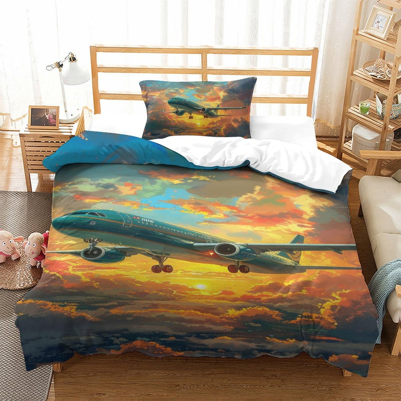 Housse de couette avion 3D facile à laver lit 1 personne fermeture éclair