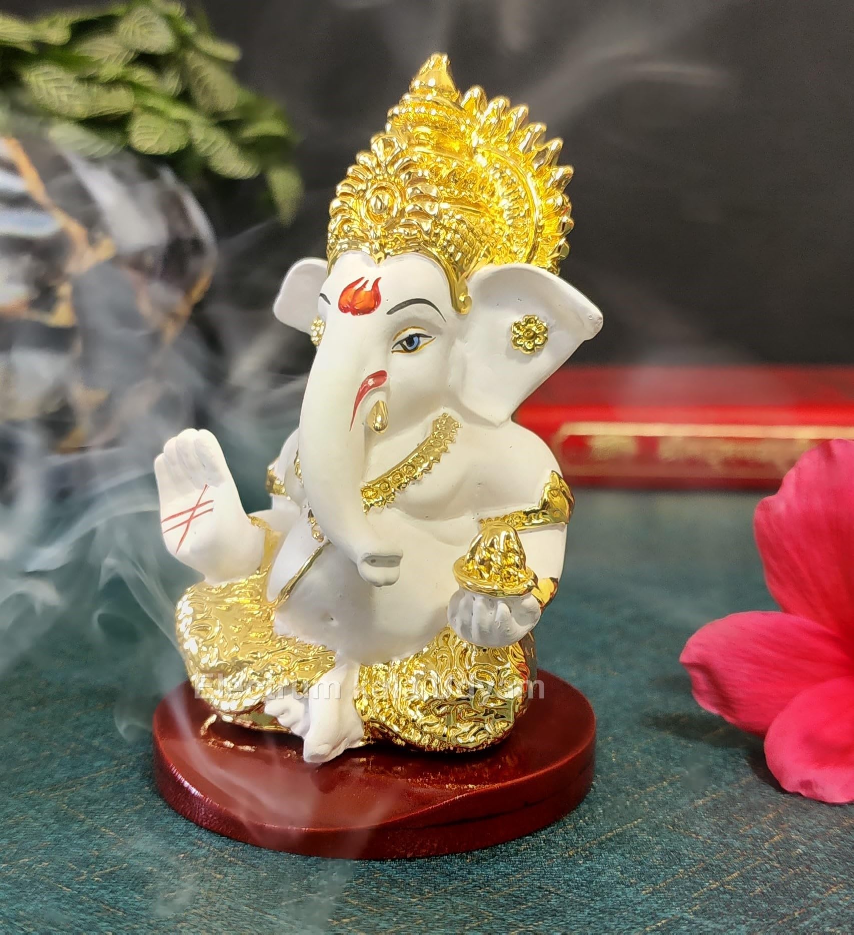 Electrum Kala Udyam Divine Figurine of Ganesha Gold Plated Idol on MDF Base | For Car Dashboard, Office Desk and Festive Gifting (MukutGoldWhiteMDF) - Image 2 thumbnail