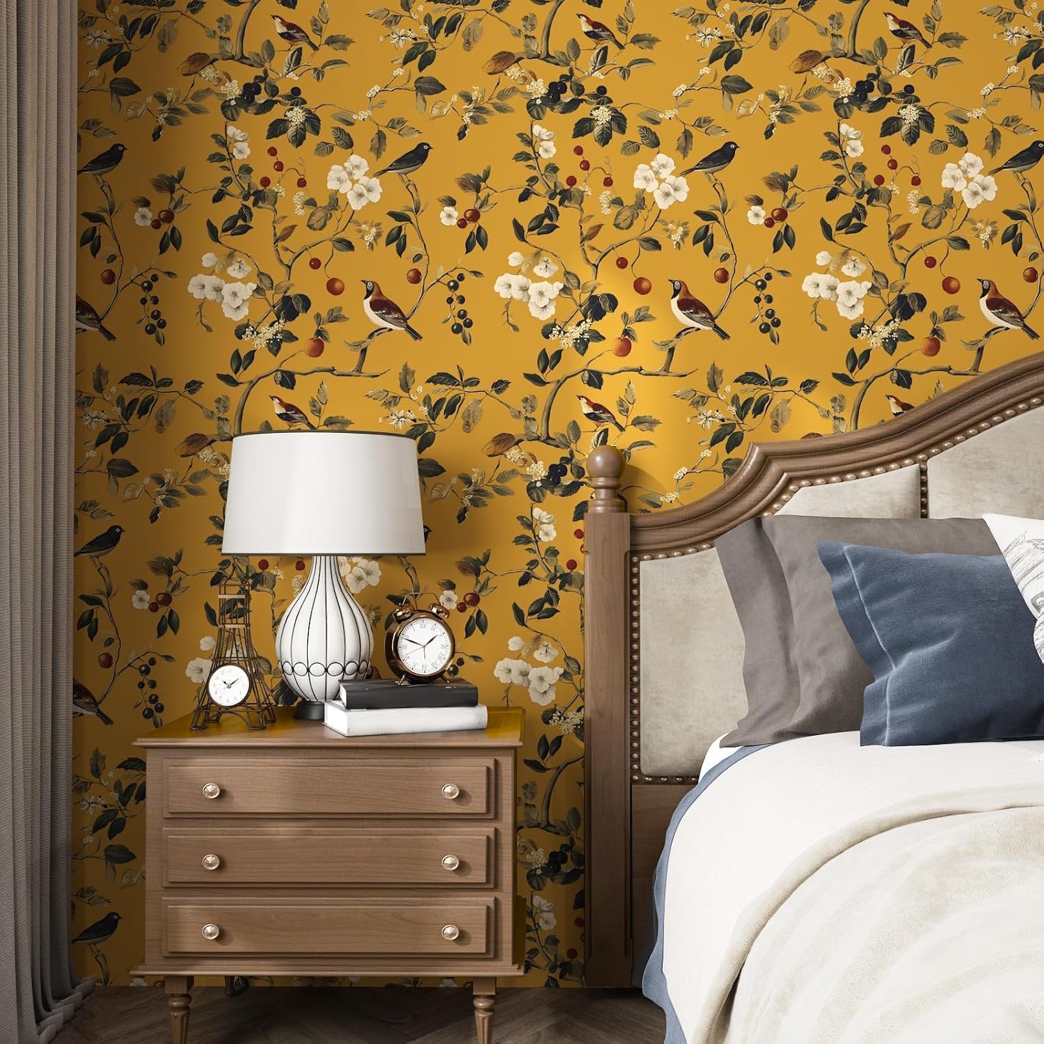 Laatse Vintage Bird Wallpaper 17.5"x393" Yellow Chinoiserie Floral Wallpaper Peel and Stick Removable Waterproof Self Adhesive Boho Wall Paper Floral Contact Paper for Bedroom Walls Cabinet Locker
