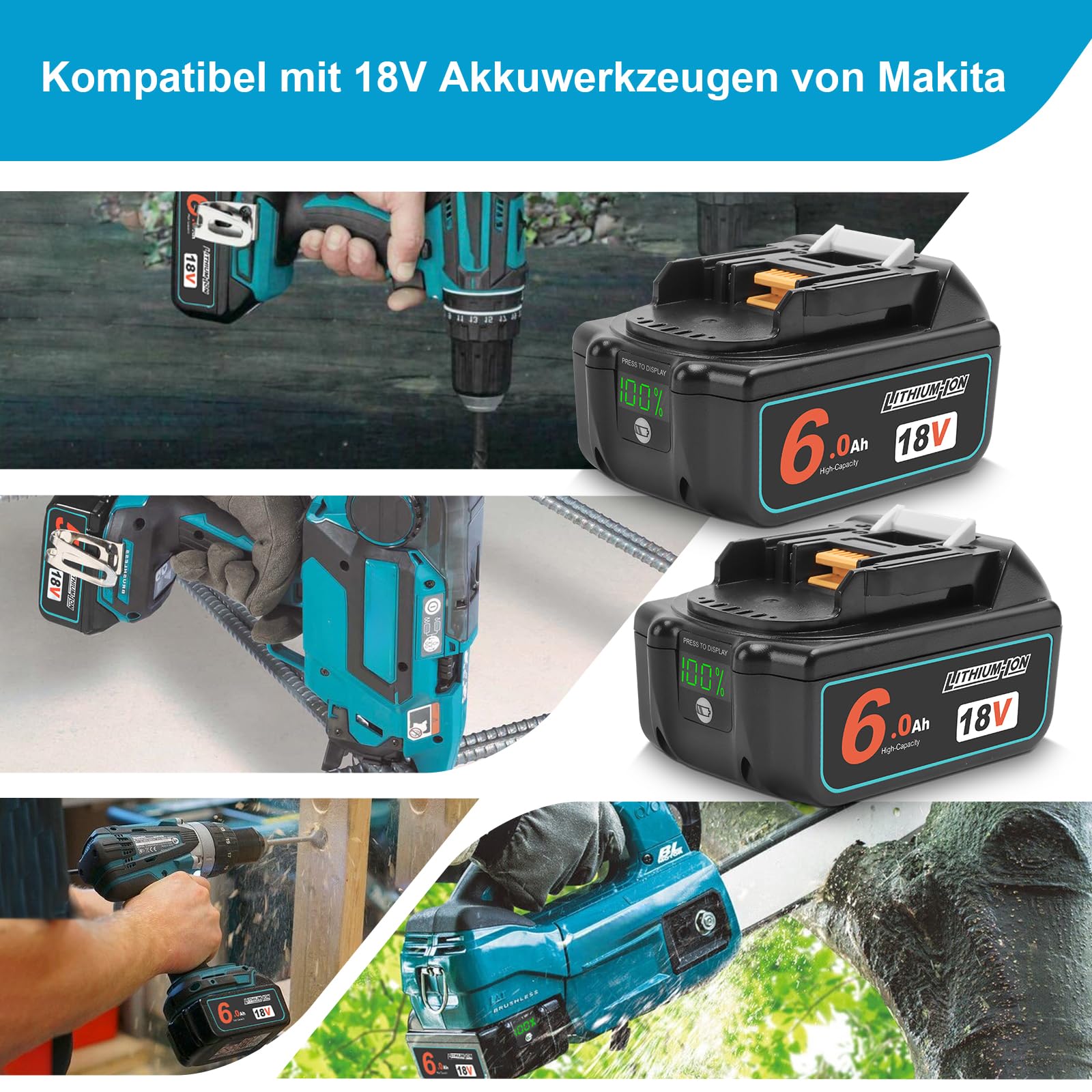QUPERR 2er-Pack 18V 6,0Ah Akku kompatibel mit Makita 18V Werkzeuge | Mit LED-Ladeanzeige, 6,0Ah Kapazität und intelligentem Schutz vor Überladung, Überhitzung und Kurzschluss