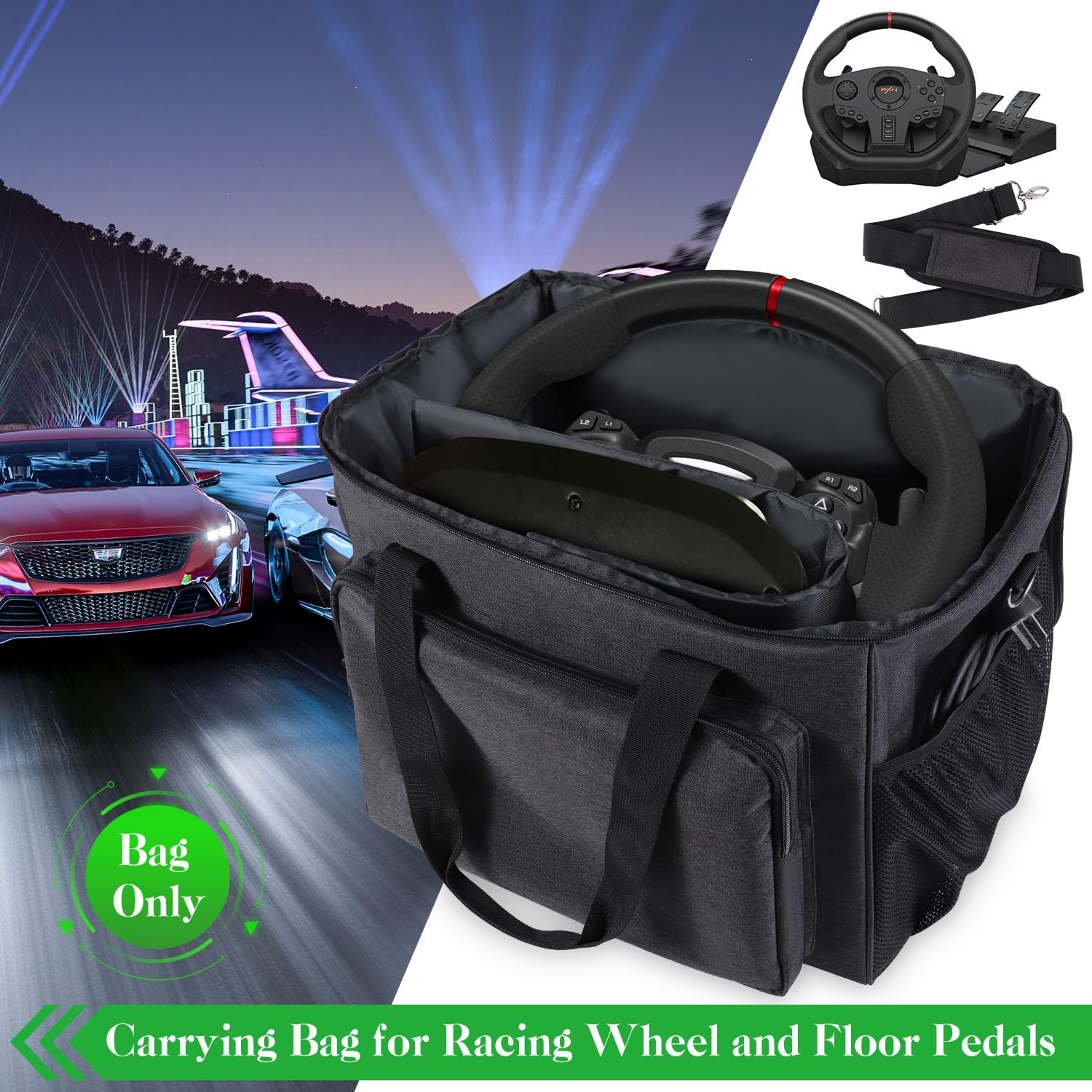 Custodia portaoggetti per volante e pedali da pavimento, organizer portatile per trasporto di pedali con tracolla, custodia per il trasporto del volante per PS5 PS4 PC