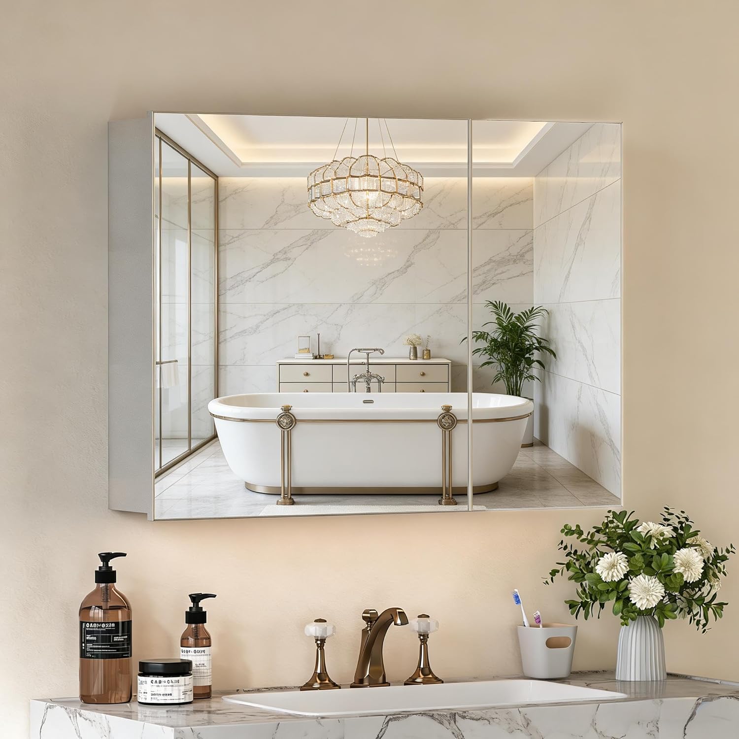 24x32 Inch Bathroom Medicine Cabinet with Mirror, Pre-Assembled Bathroom Medicine Cabinets, Surface/Recessed Wall Mounted Farmhouse Large Medicine Cabinet, Sliver