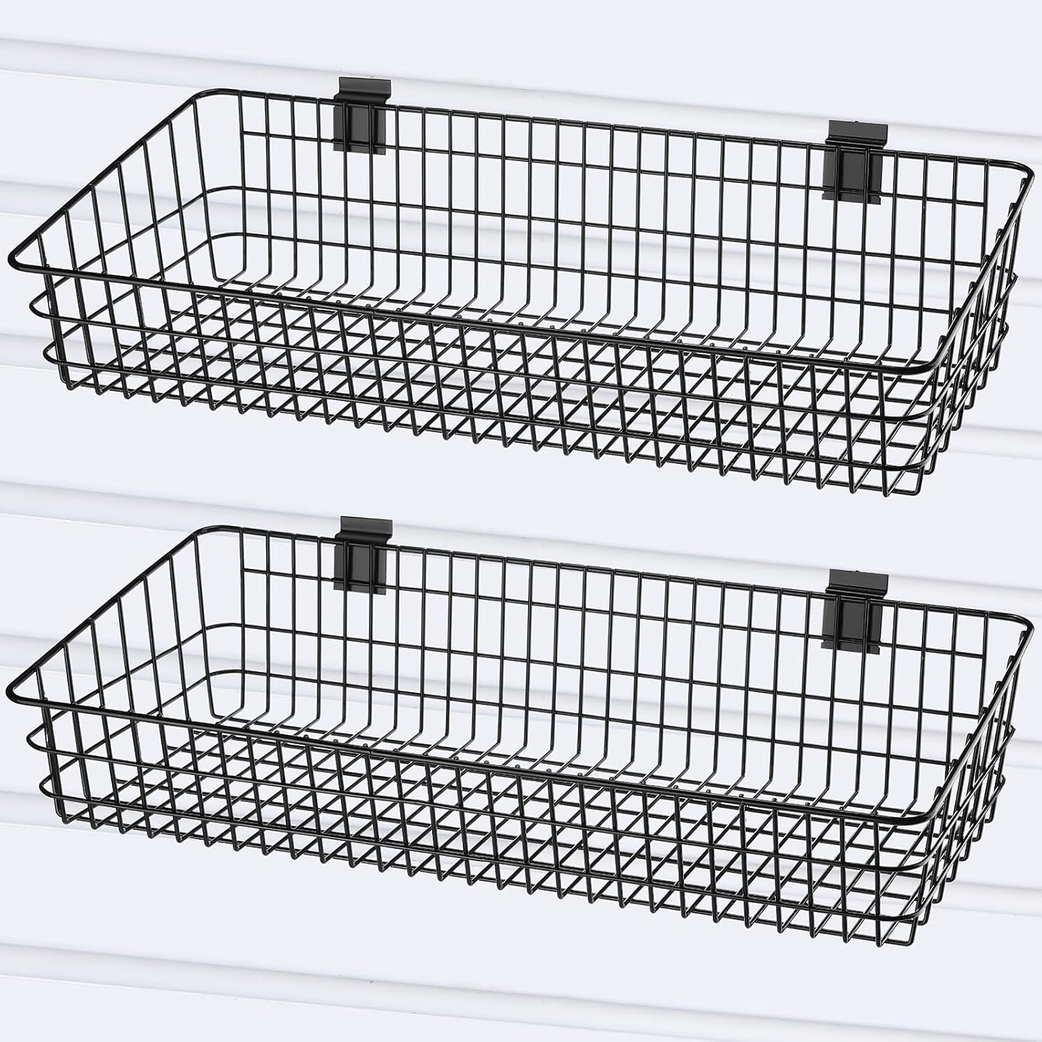 2 Pcs Slatwall Baskets for Slatwall,23.6 Inch Width Metal Heavy Duty Wire Mounted Hanging Basket Storage Display Basket for Retail,Garage,Office,Sports,Toys,and More,Black