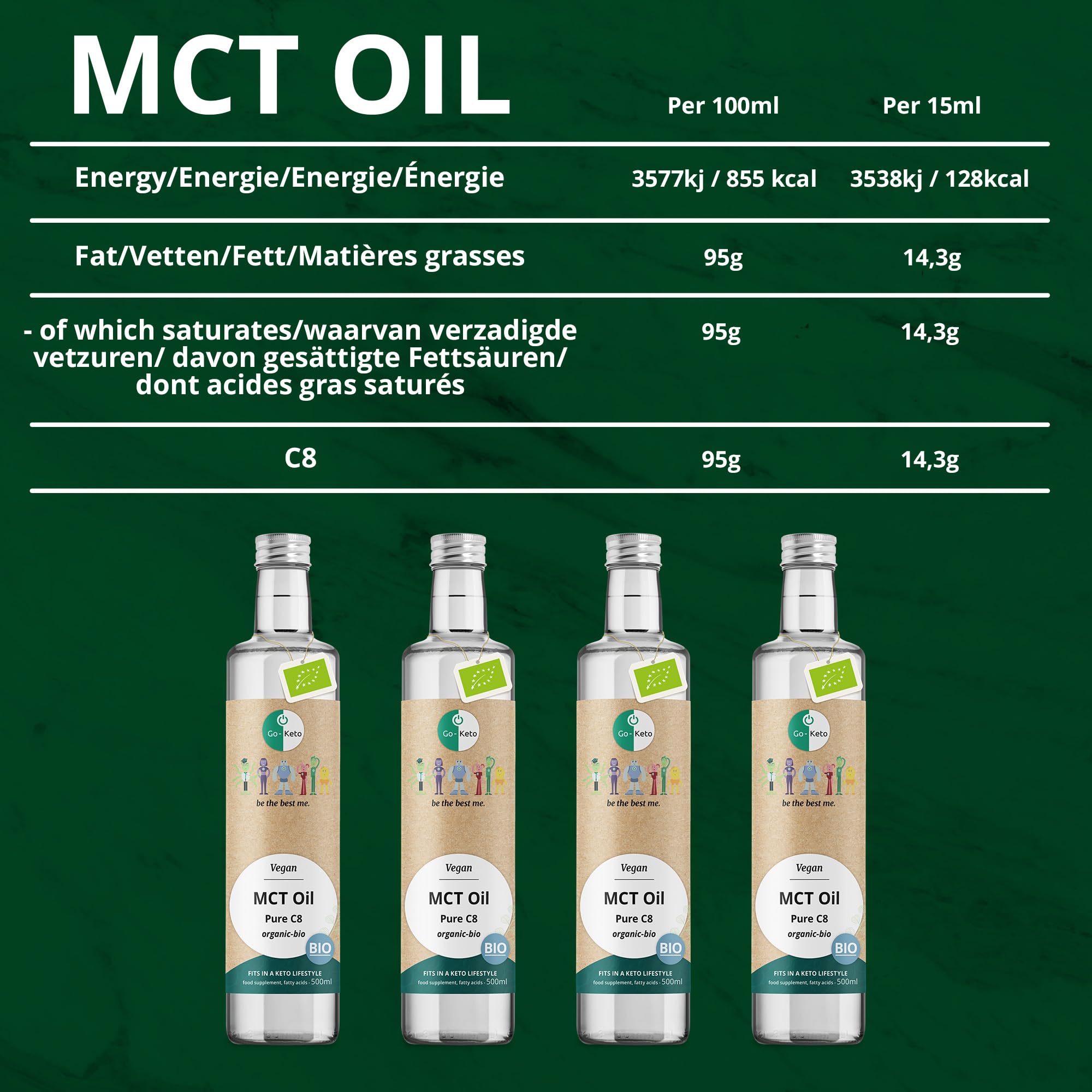 Go-Keto MCT Oil C8 BIO, 500ml - Huile MCT C8 de première qualité à base d'huile de coco BIO, parfaite pour un régime céto, idéal pour le Bulletproof Coffee ou le Keto Shake, huile TCM, Low Carb