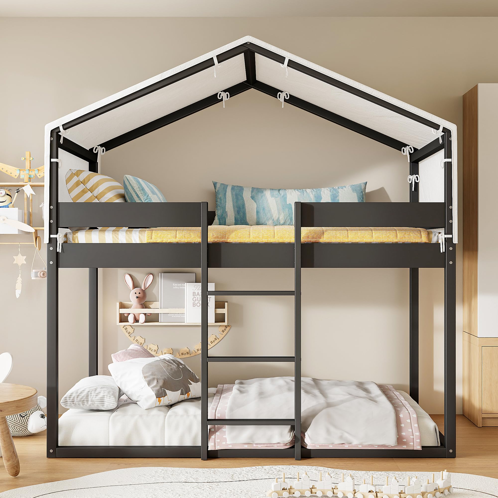 Twin Over Twin Kids Bunk Bed with Soft Top Tent - Sturdy Solid Pine Wood House Design Loft Bed for Boys & Girls, Playhouse Bed with Fence Style &