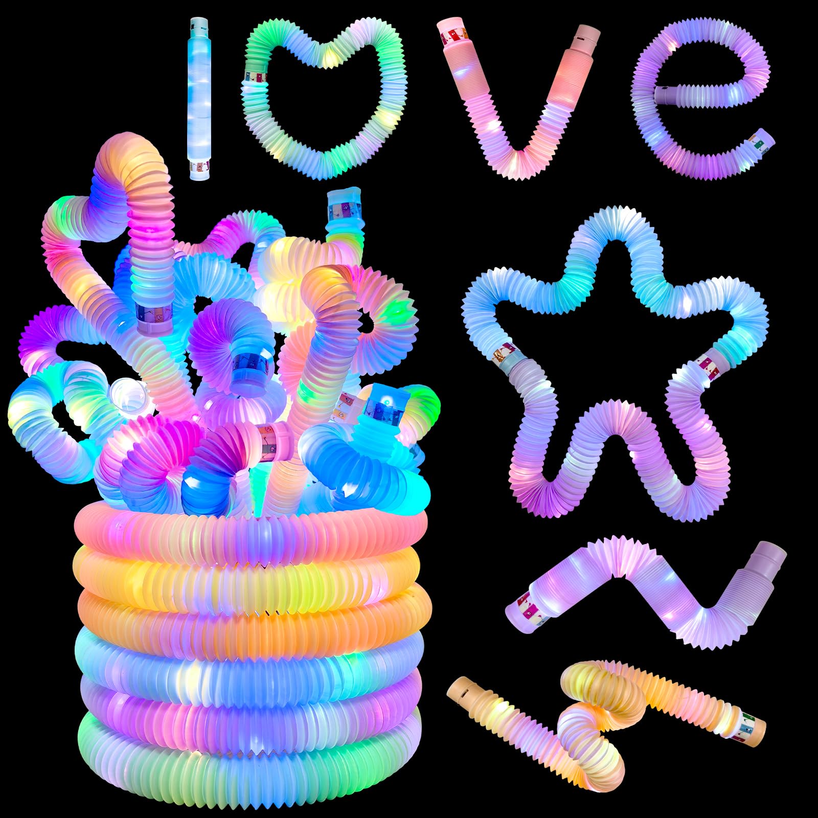 ALEENFOON Light Up Pop Tubes LED Sensory Fidget Toys LED Pop Glow Sticks Glow in the Dark Party Supplies for Christmas Party Decorations, 12 Pack Glow Pop Tubes Fidget Toy (A) โ image 1