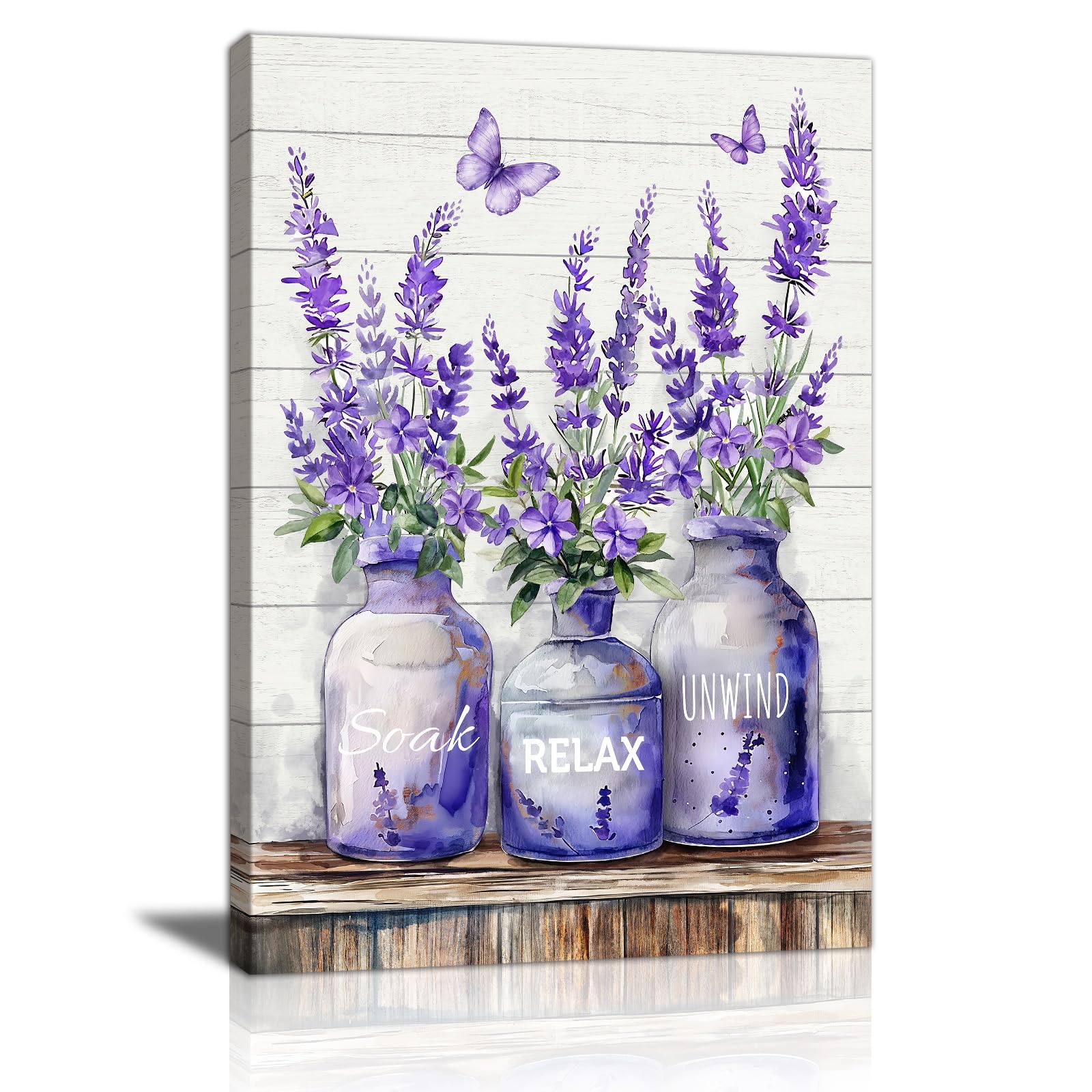 Purple Lavender in the Vase Framed Canvas Wall Art Prints, Soak Relax Unwind Calm Wall Pictures Vintage Floral Butterfly Poster Painting on Canvas Home Decor for Spa Yoga Bedroom Living Room 40×60cm — image 1