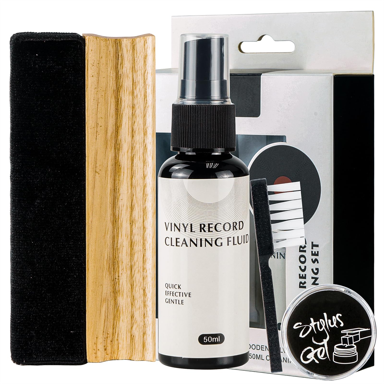 Jancane Vinyl Record Cleaner Vinyl Cleaning Kit, 4-in-1 Record Cleaner Kit for Vinyl Records Albums-Includes Soft Velvet Record Brush, Cleaning Liquid and Turntable Stylus Cleaning Gel