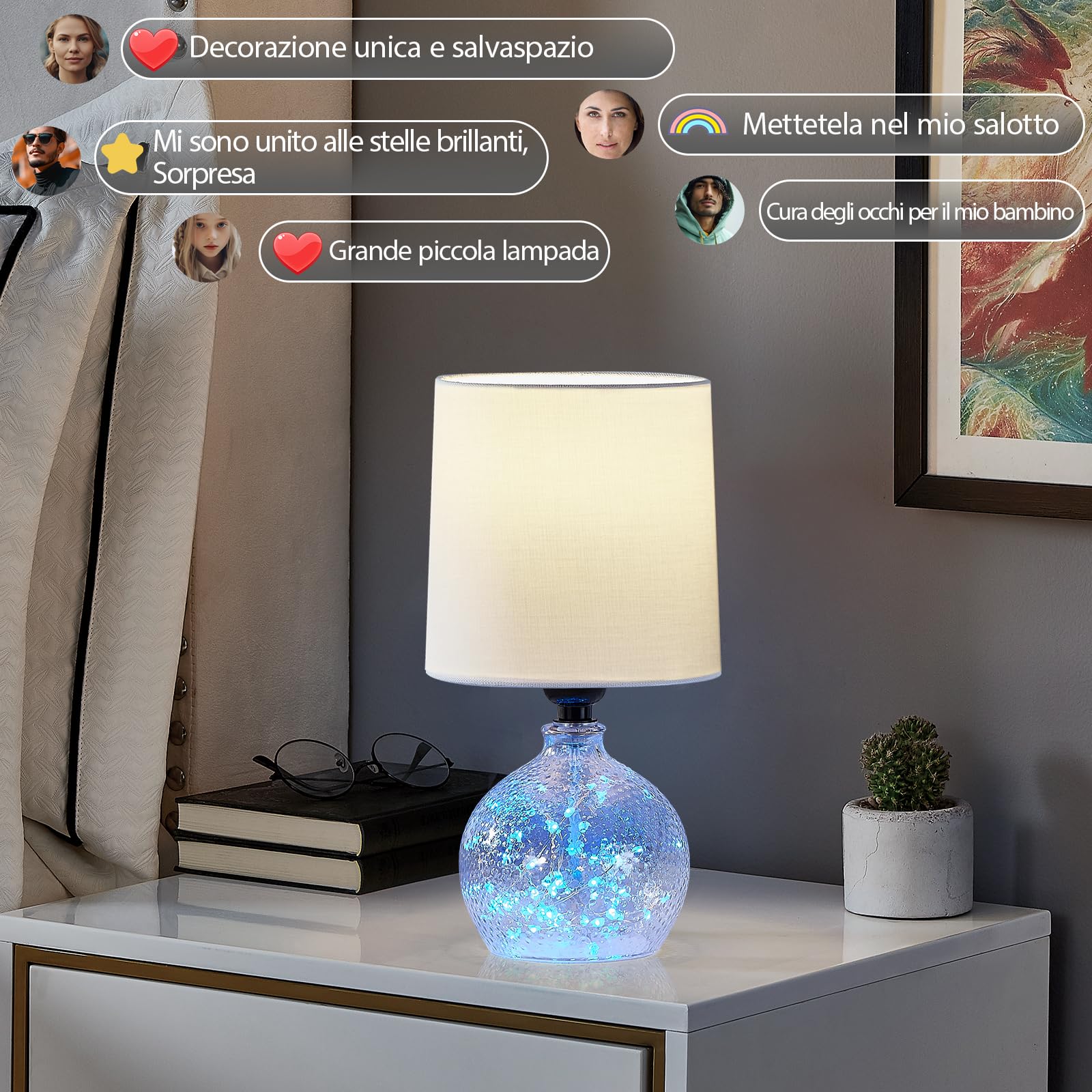 GyroVu Set di 2 Lampade da Tavolo in Vetro Lampada da Comodino con Base in Vetro e Paralume in Tessuto Bianco per Camera da Letto