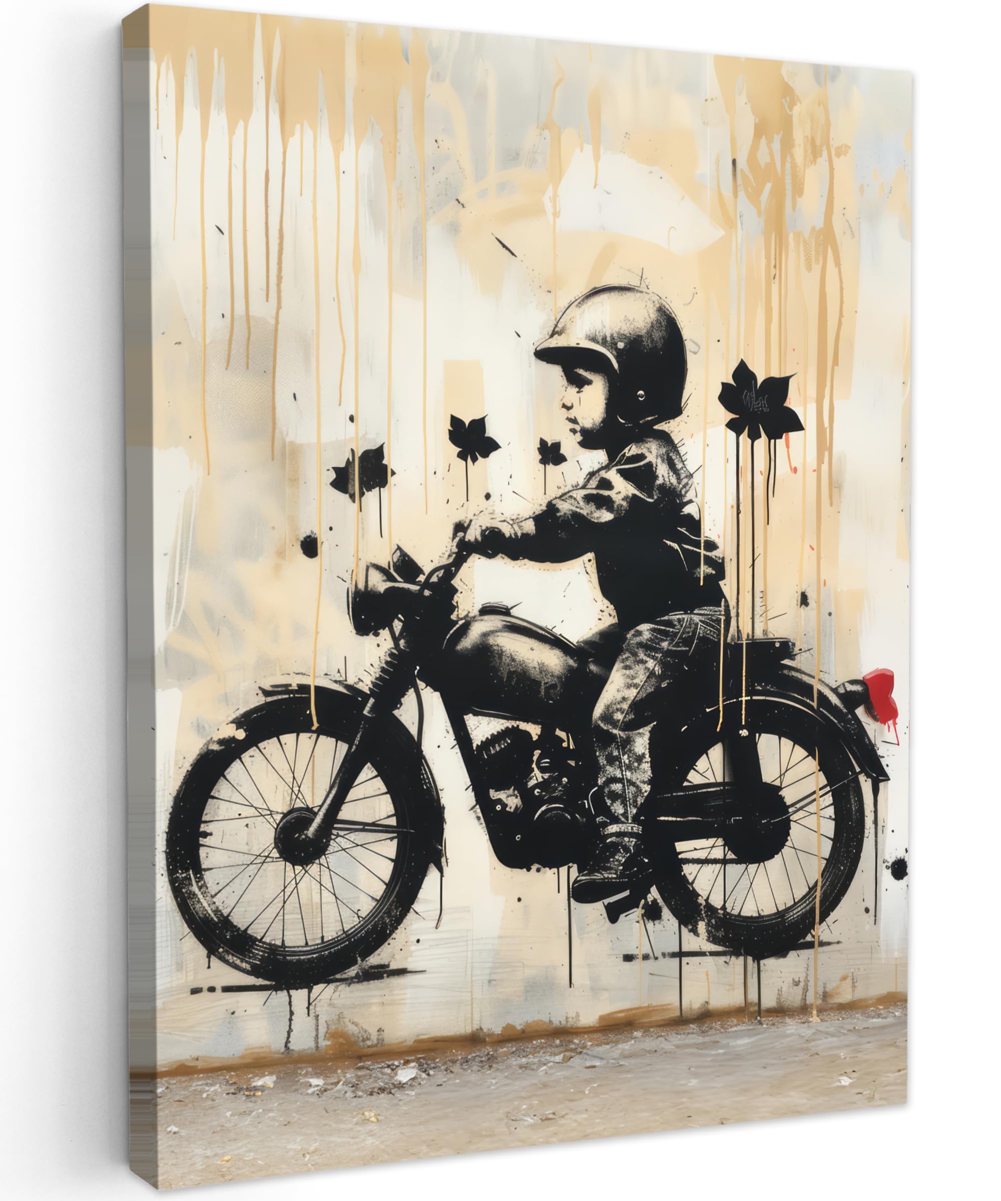 MuchoWow© Leinwandbild 50x70 cm Dekoration Wohnzimmer Bilder Pictures Wall Decoration Living Room Wohnungs Deko Moderne Bild Vintage - Street art - Motorrad - Junge - Graffiti - Schwarz - Banksy