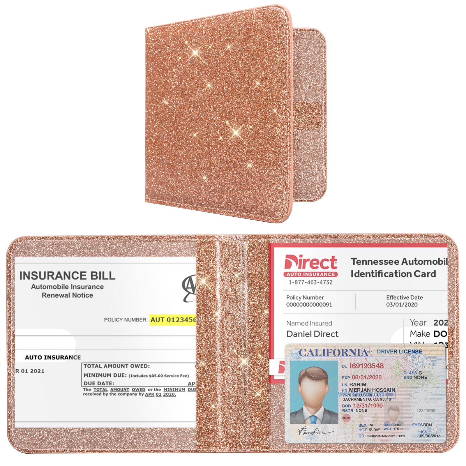 CoBak Car Registration and Insurance Holder - Small and Lightweight Vehicle Glove Box Car Organizer, Auto Truck Comparment Accessories Case for Essential Document, Driver License (Glitter Rosegold)