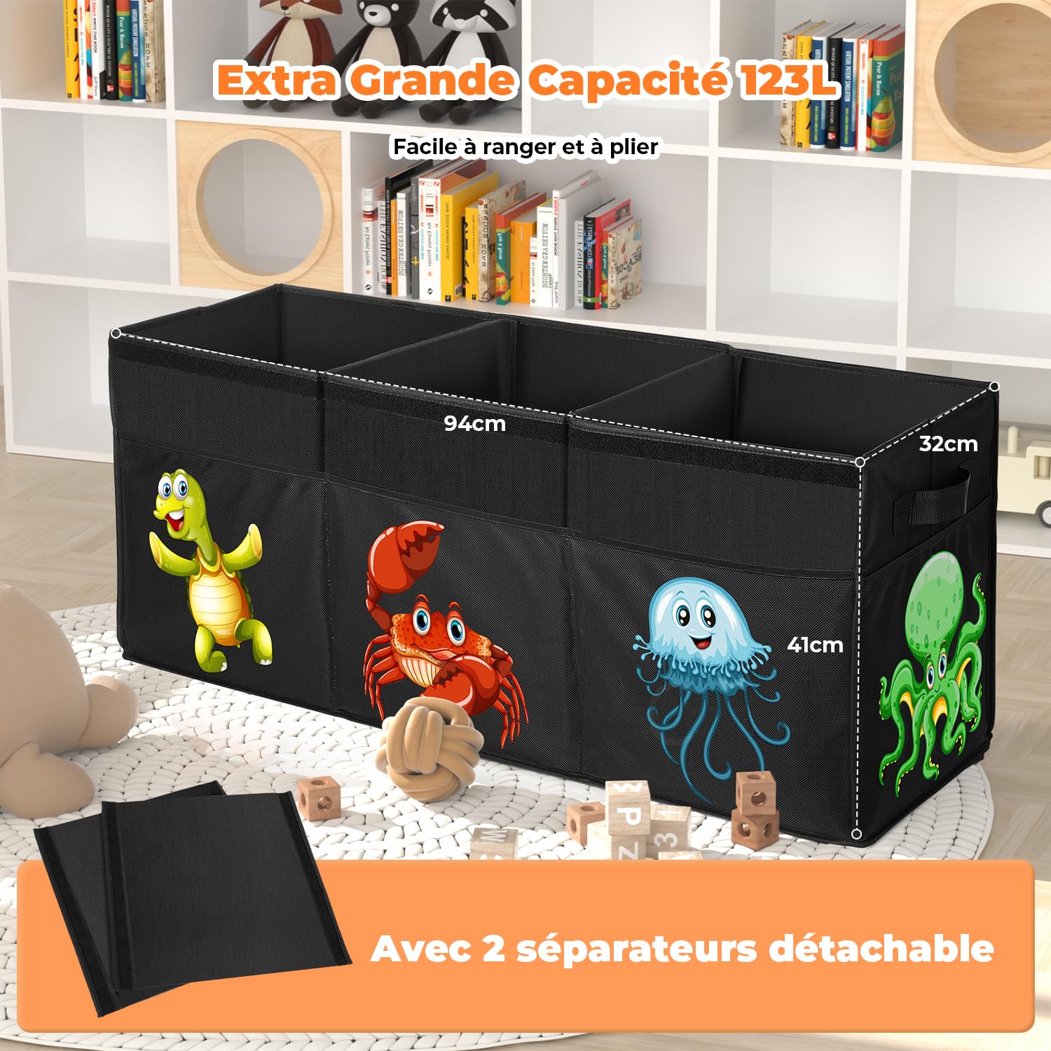 YOHOOLYO Coffres à Jouets Boîte de Rangement pour Enfant Pliable 123L 94 x 41 x 32 cm en Tissus 600D Oxford avec Couvercle Transparent Amovible pour Chambre d'enfant (Animaux Marins)