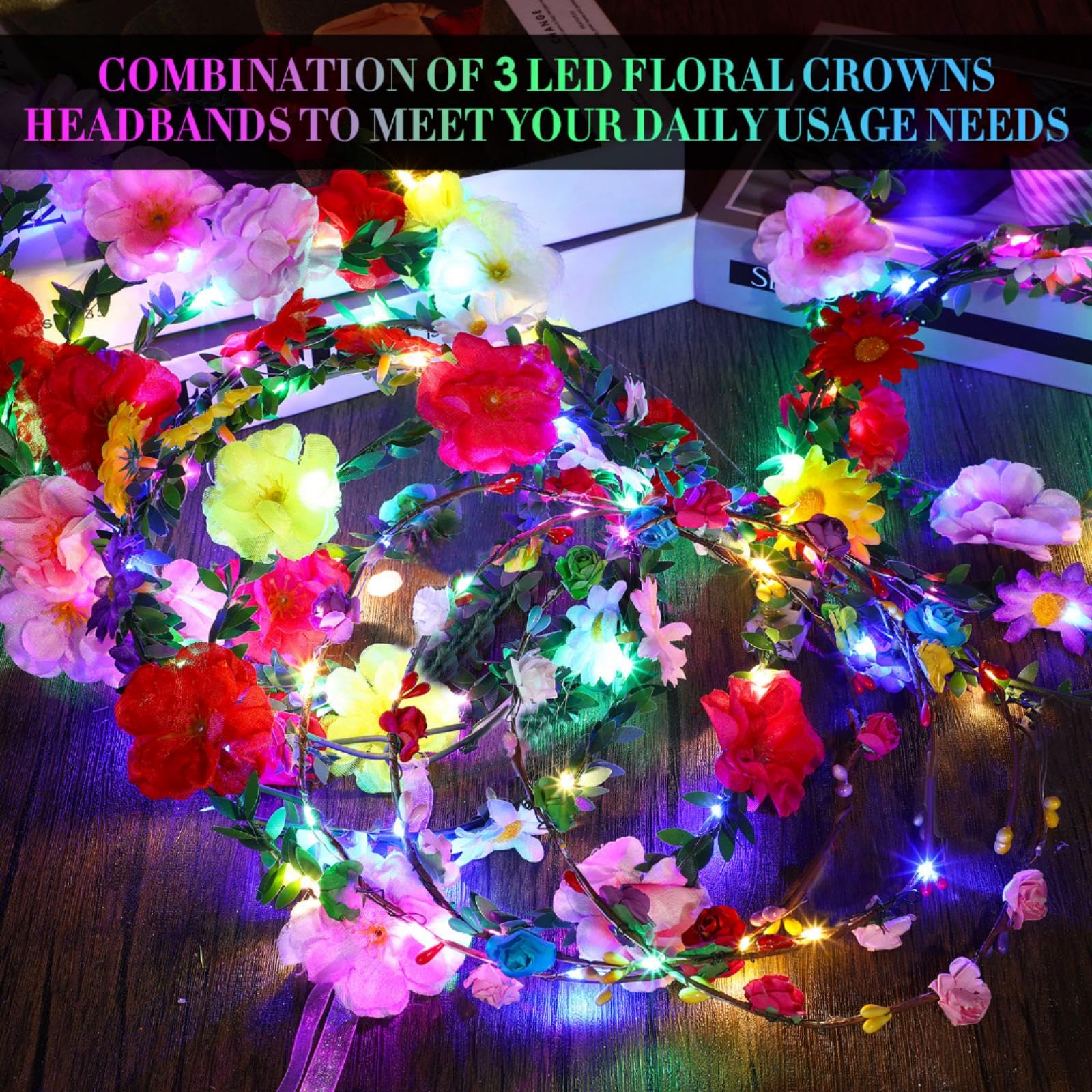 Retrowavy Serre-tête lumineux avec 100 LED - Couronne florale - Accessoires pour cheveux pour femmes et filles - Pour mariage, fête d'anniversaire