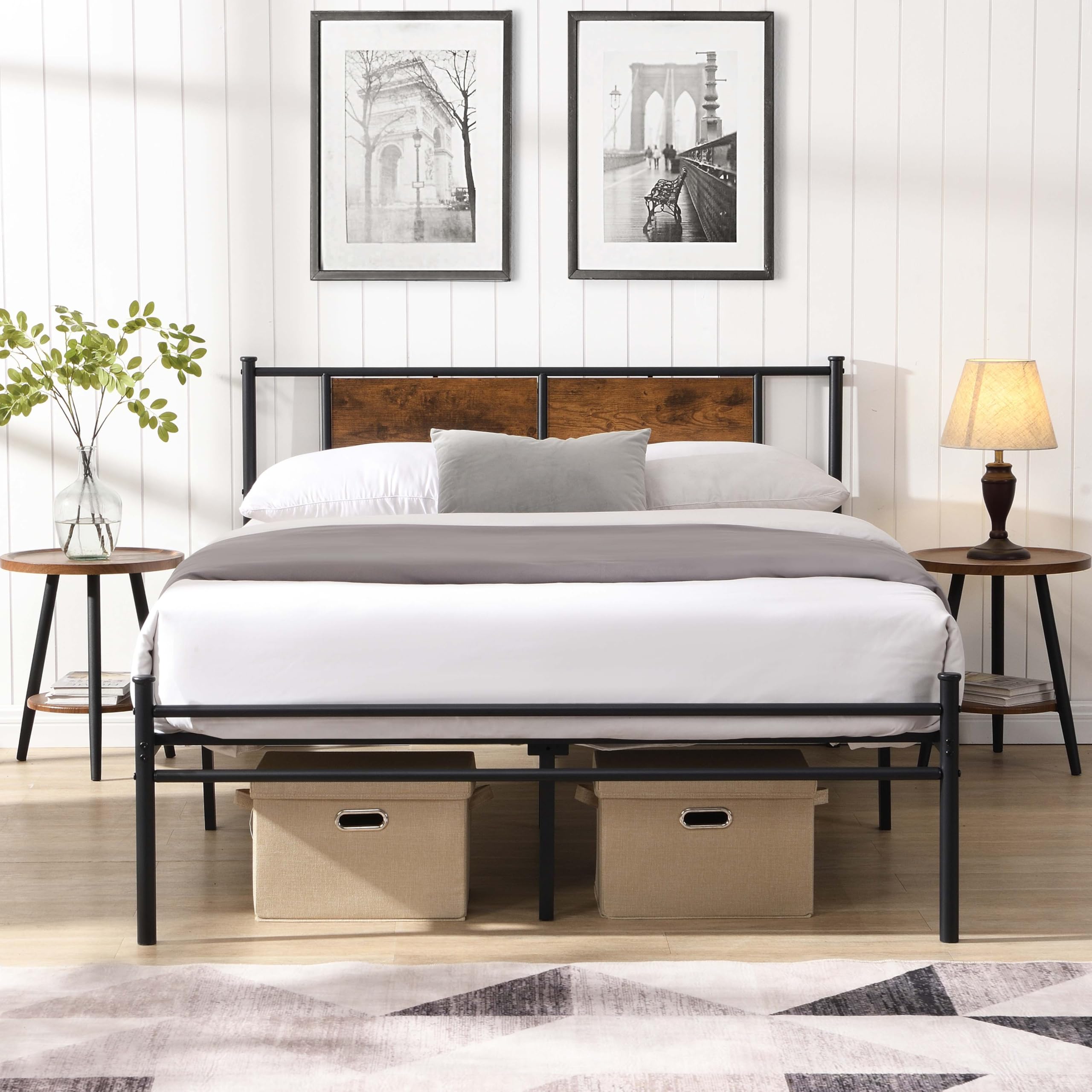 King Size Metal Bed Frame with Headboard Sturdy Platform Bed with Wood Panel Decoration Heavy-Duty Metal Base Underbed