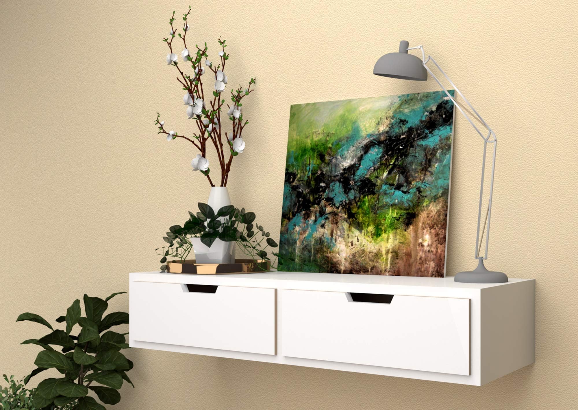 Vudy Exclusively Launched Engineered Wood Wall Shelf with Drawer for Living Room , Storage and Home Decorative Items (Set of 1 ,Glossy Finish ,White)