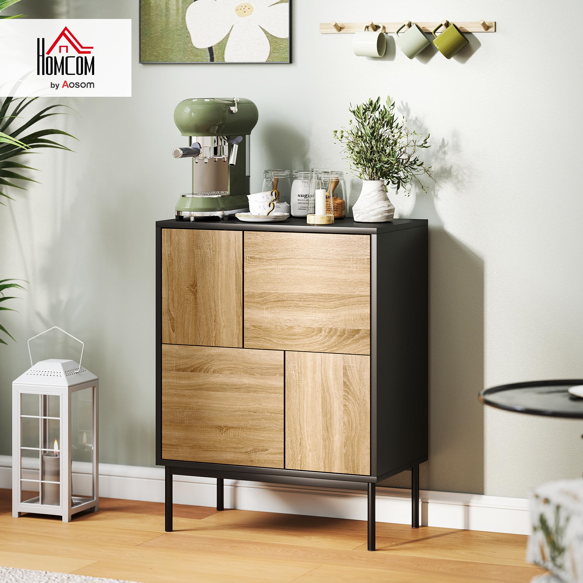 HOMCOM Buffet Salon Meuble Bas 60 x 35 x 78 cm Noir et Effet Bois Naturel | Meuble de Rangement, Armoire de Cuisine, Portes à Pousser, 4 Placards, Style Moderne, Buffet Salle à Manger et Salon