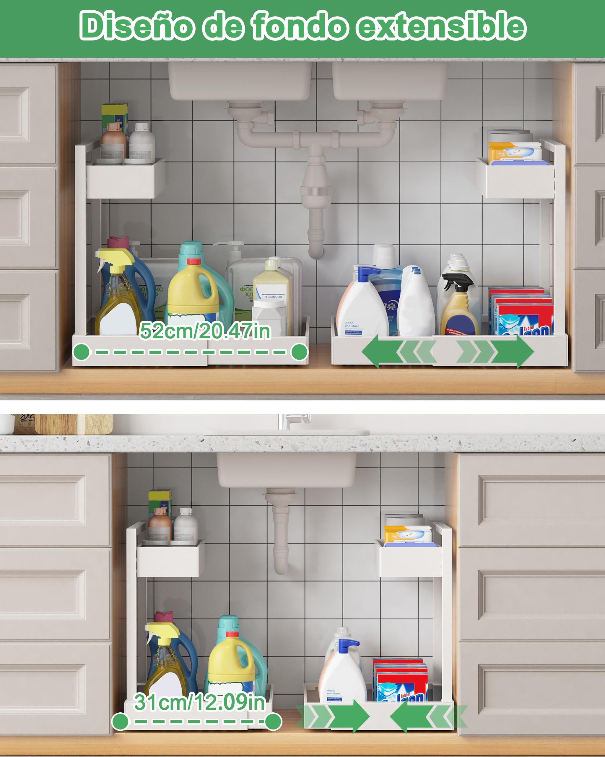 UMDONX Organizador de fregadero de cocina de 2 pisos | estante para debajo del lavabo,organizador de armario extensible,Blanco