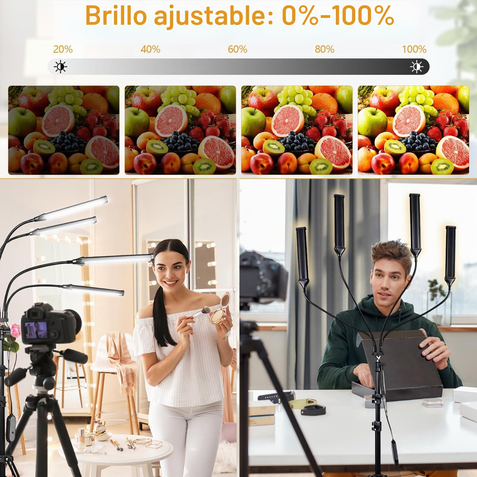 Luces LED Regulables para Fotografía, Lámpara Cosmética de Cuatro Brazos con Trípode y Soporte para Teléfono para Maquillaje, Pestañas, Cejas, Tatuaje, Manicura, Stream, Fotografía de Producto