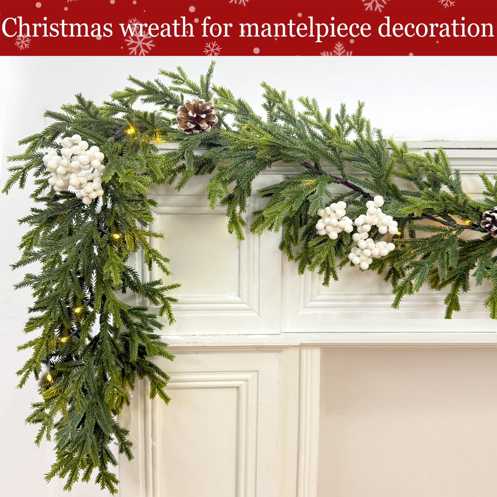 Guirlande de cèdre de Noël de 1,8 m avec baies blanches, pommes de pin et 20 lumières LED blanc chaud, vigne douce avec minuteur, décoration de Noël à piles pour cheminée, table, porte, escaliers
