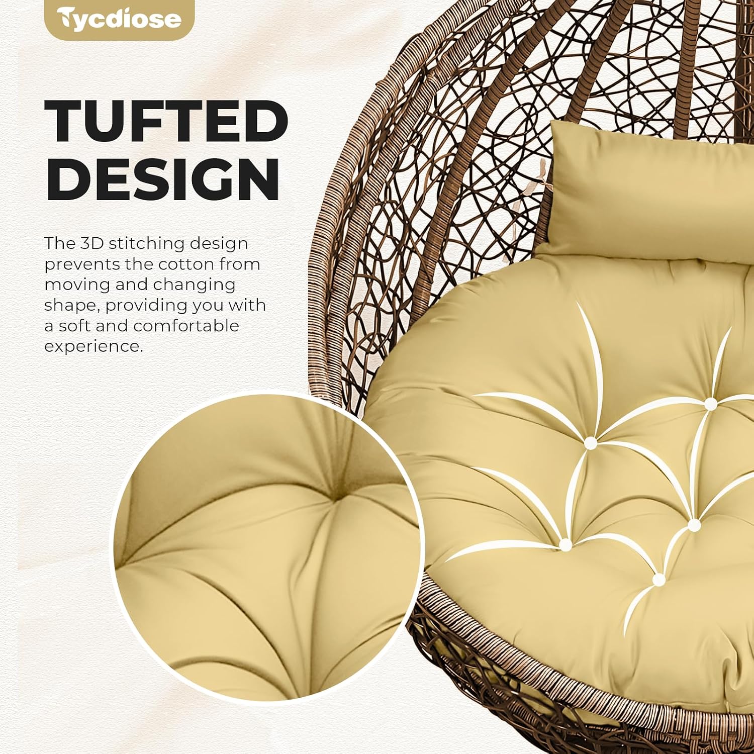 Outdoor Swing Egg Chair Cushion Replacement, Thicken Hanging Basket Egg Chair Cushion Waterproof Papasan Chairs Cushions with Headrest Pillow, Larger Round Cushions for Eggs Chairs (Khaki)