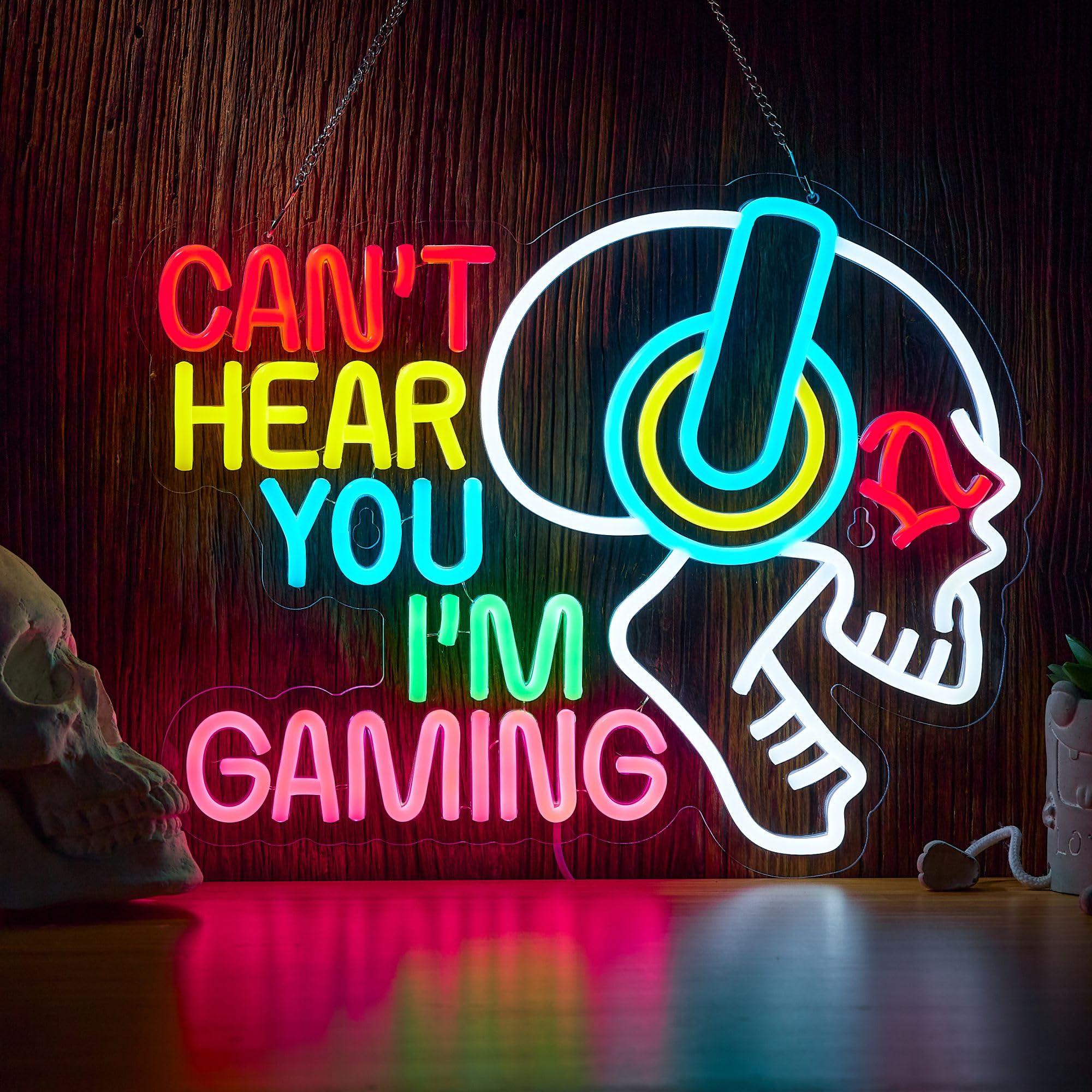 Gaming-Neonschild "Can't Hear You I'm Gaming", Totenkopf-Gamer, LED-Licht, hell, USB-betrieben, beleuchtet, Spielschilder mit Dimmer, für Spielzone, Videoraum, Jungen, Schlafzimmer, Wanddekoration