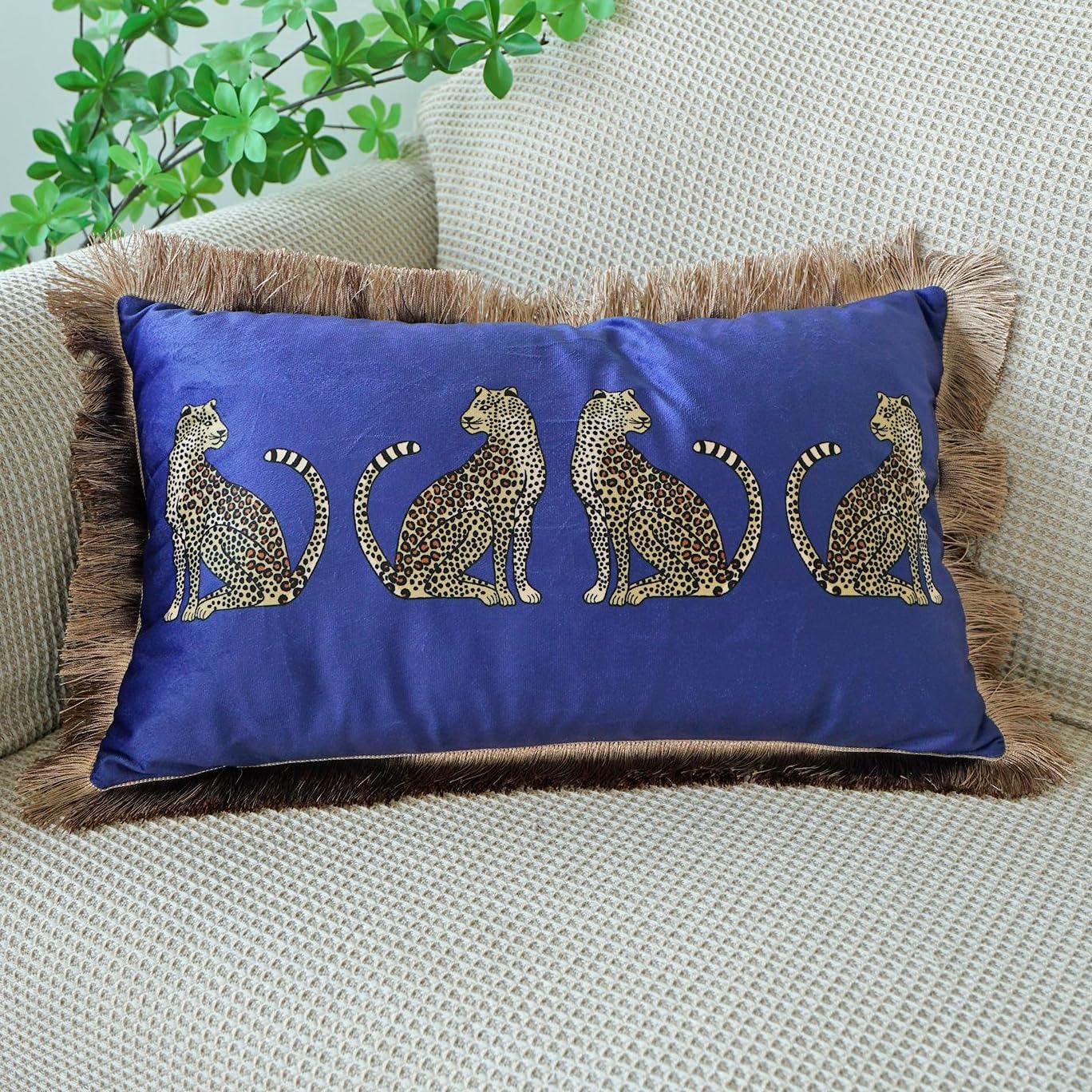 FZKun Leopard Throw Pillow Cover with Tassels - Luxury Royal Style Soft Velvet Cushion Case for Sofa Couch Stylish Cheetah Decorative Pillowcase for Living Room Bedroom (Blue,30 * 50cm)