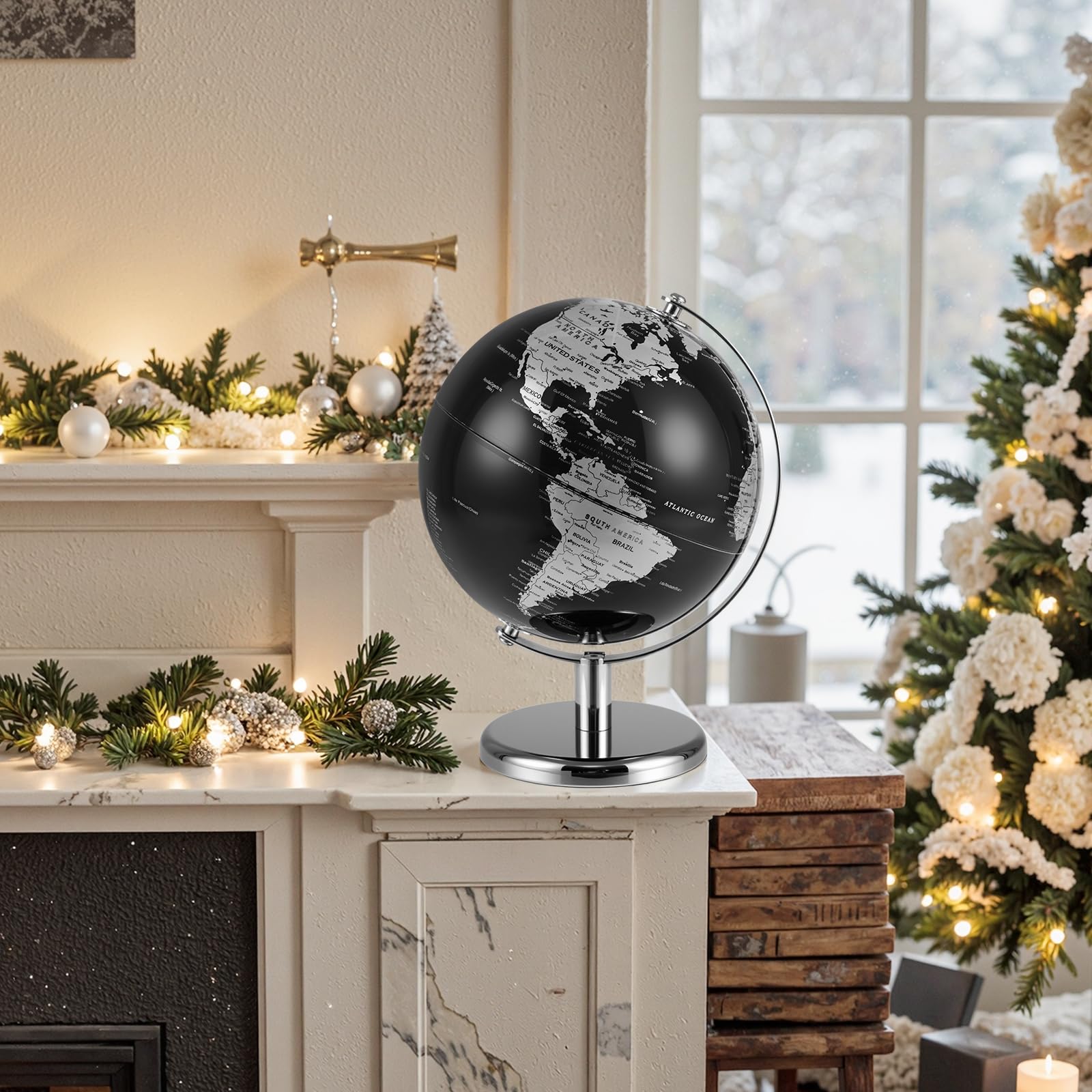 GOPLUS Globo Terráqueo Moderno Negro con Detalles Dorados/Plateados, Soporte Metálico, Base Antideslizante, Zona Horaria, Globo Terráqueo Decorativo de Mesa para el Hogar, la Oficina (Plata)