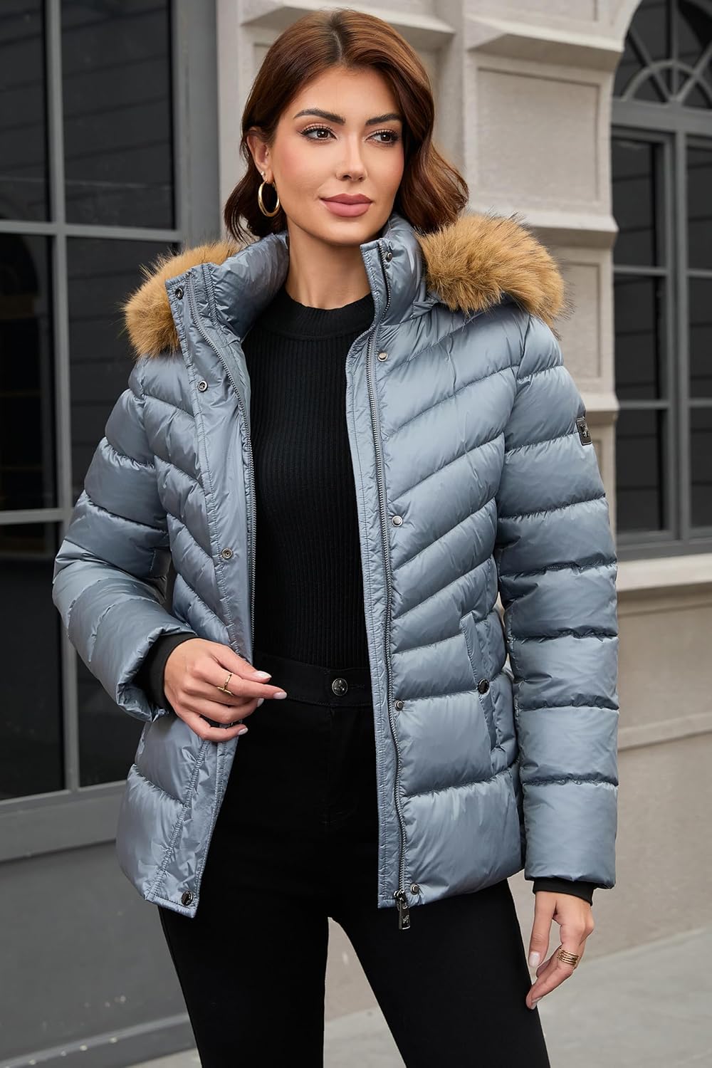 PAPILLON D'OR WEAR YOUR WINGS Women's Shiny Puffer Coat with Detachable Faux Fur Collar & Hood Winter Jacket - Image 3