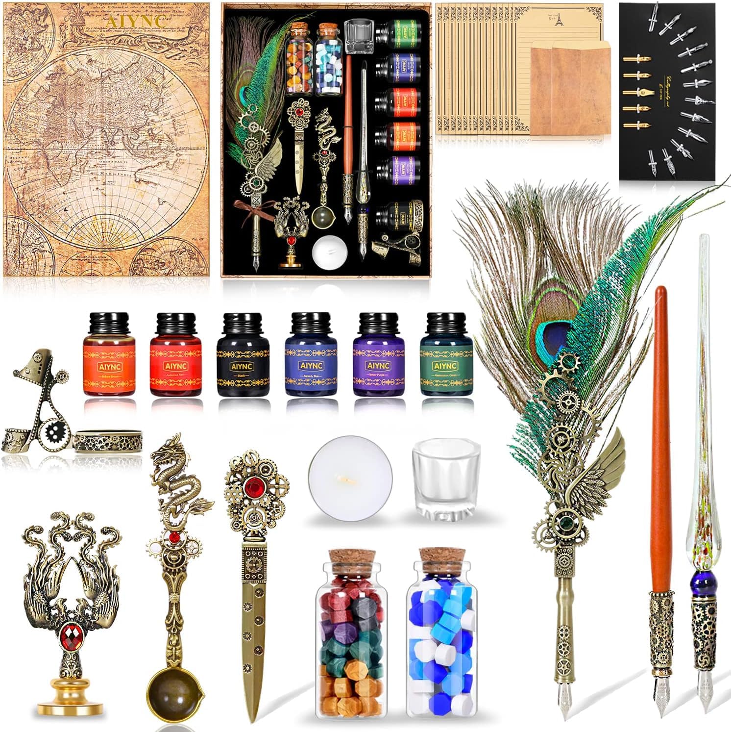 Quill Pen Lot d'encre avec stylo plume en bois, 6 bouteilles d'encre, 16 feuilles de papier à lettres, 2 enveloppes, 17 plumes, porte-stylo, 2 bouteilles de cire laquée feu, tampon,