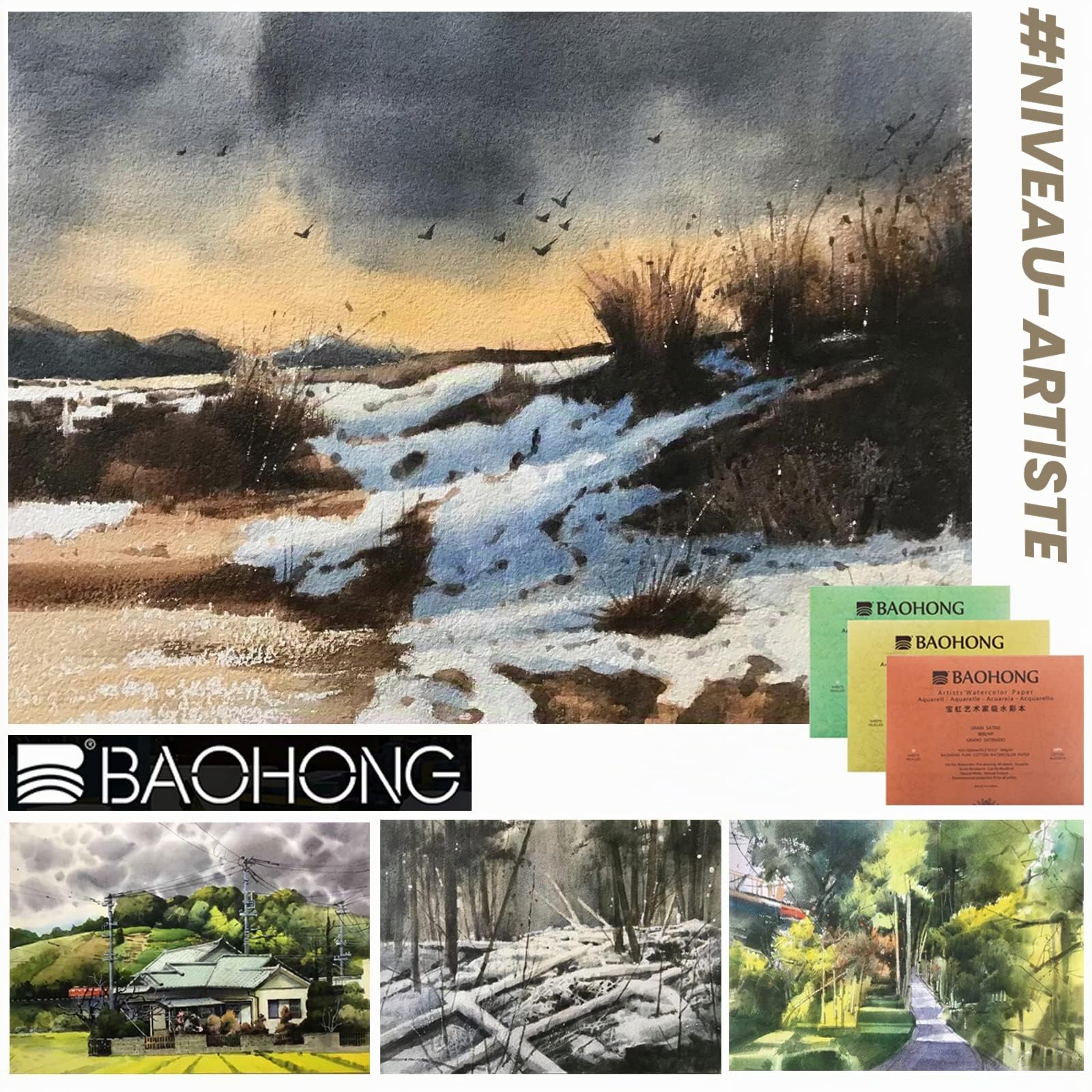 BAOHONG Bloc de papier aquarelle 20 feuilles, qualité artiste, 100 % coton, 63,5 kg/300 g/m², 36 x 26 cm, pressé à froid