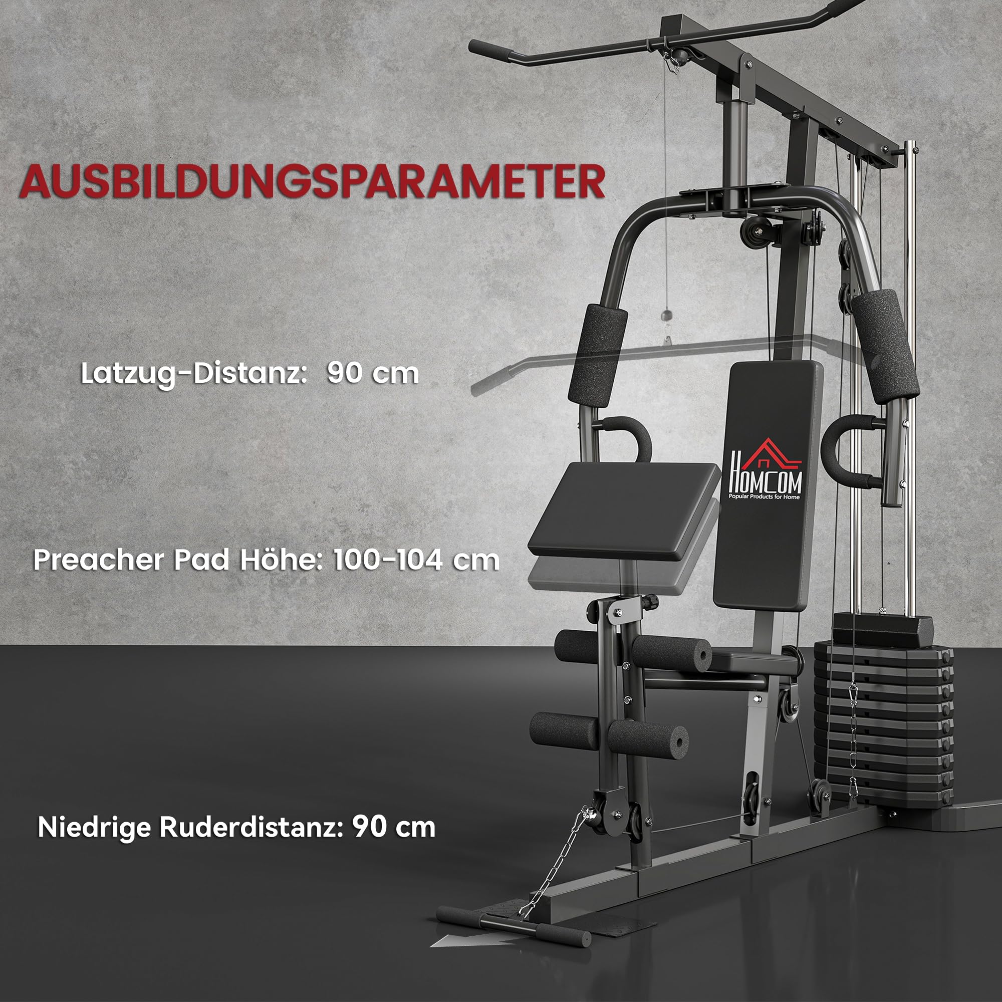 HOMCOM Kompakte Kraftstation, Multifunktionale Fitnessstation, Multistation mit Butterfly, Bizepscurl, Latzug, Beinstrecker, 45 kg Gewichtsblock Krafttraining Schwarz