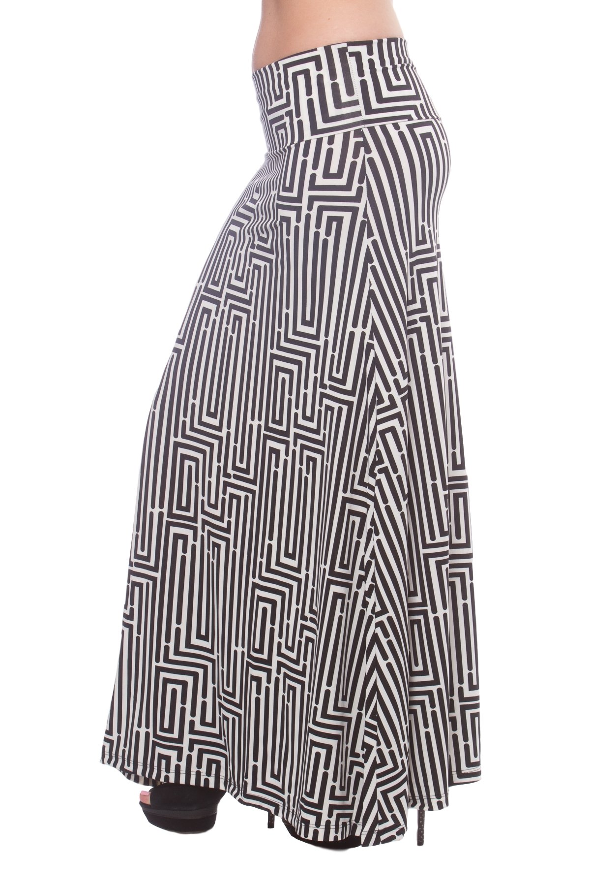 Printed Maxi Length A-line Skirt with Rollover Waist