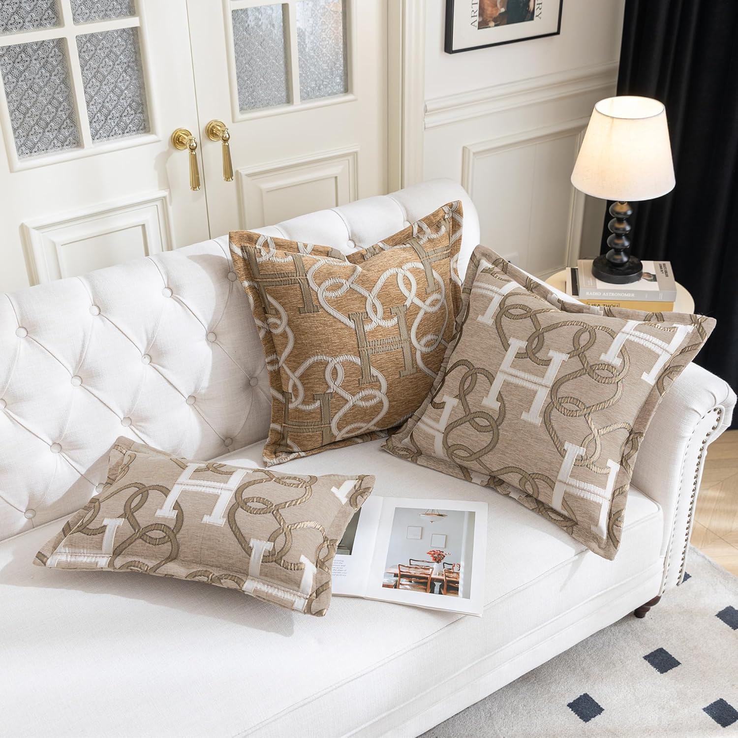Modern Letter H Throw Pillow Covers 20x20 Inches, 1-Piece Chain Pattern Jacquard Decorative Pillow Cover, Luxury Chic Decor Soft Chenille Pillowcase for Couch Sofa Living Room Chair(Taupe)