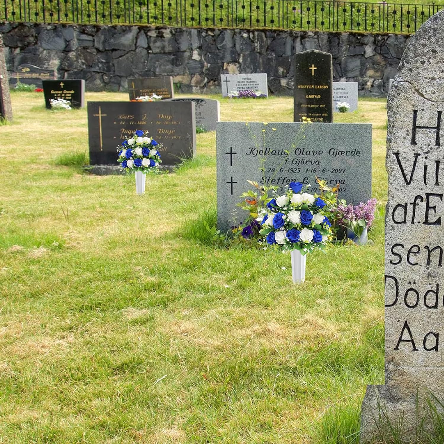 U'Artlines 2Pcs Artificial Cemetery Flowers with Vase for Grave, Silk Memorial Day Rose Flowers Bouquet Outdoor Grave Flowers for Grave Vase Cemetery Graveyard Headstones (Blue White)